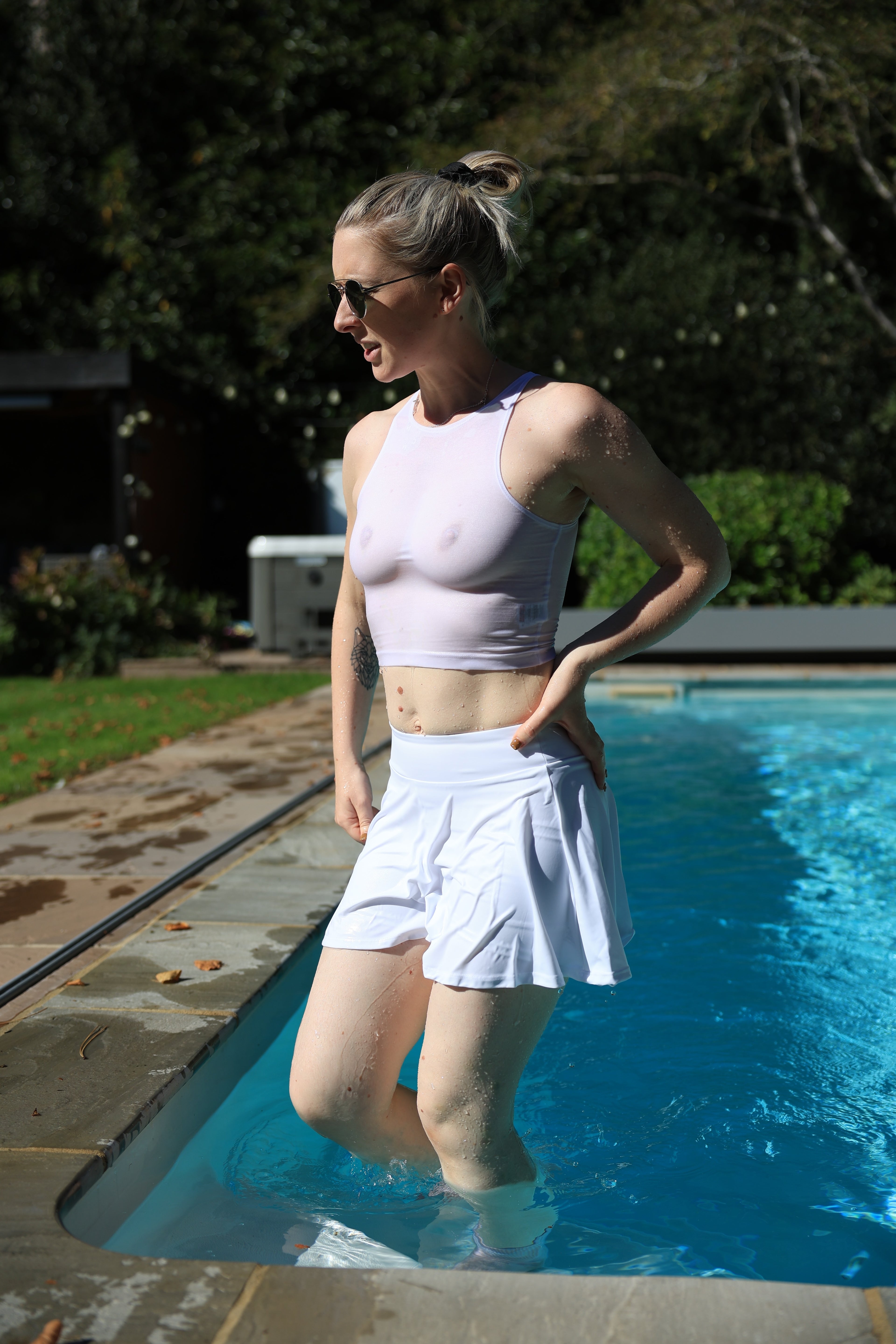 White Skirt, Hoodie and Tight White Top, Socks & Shoes