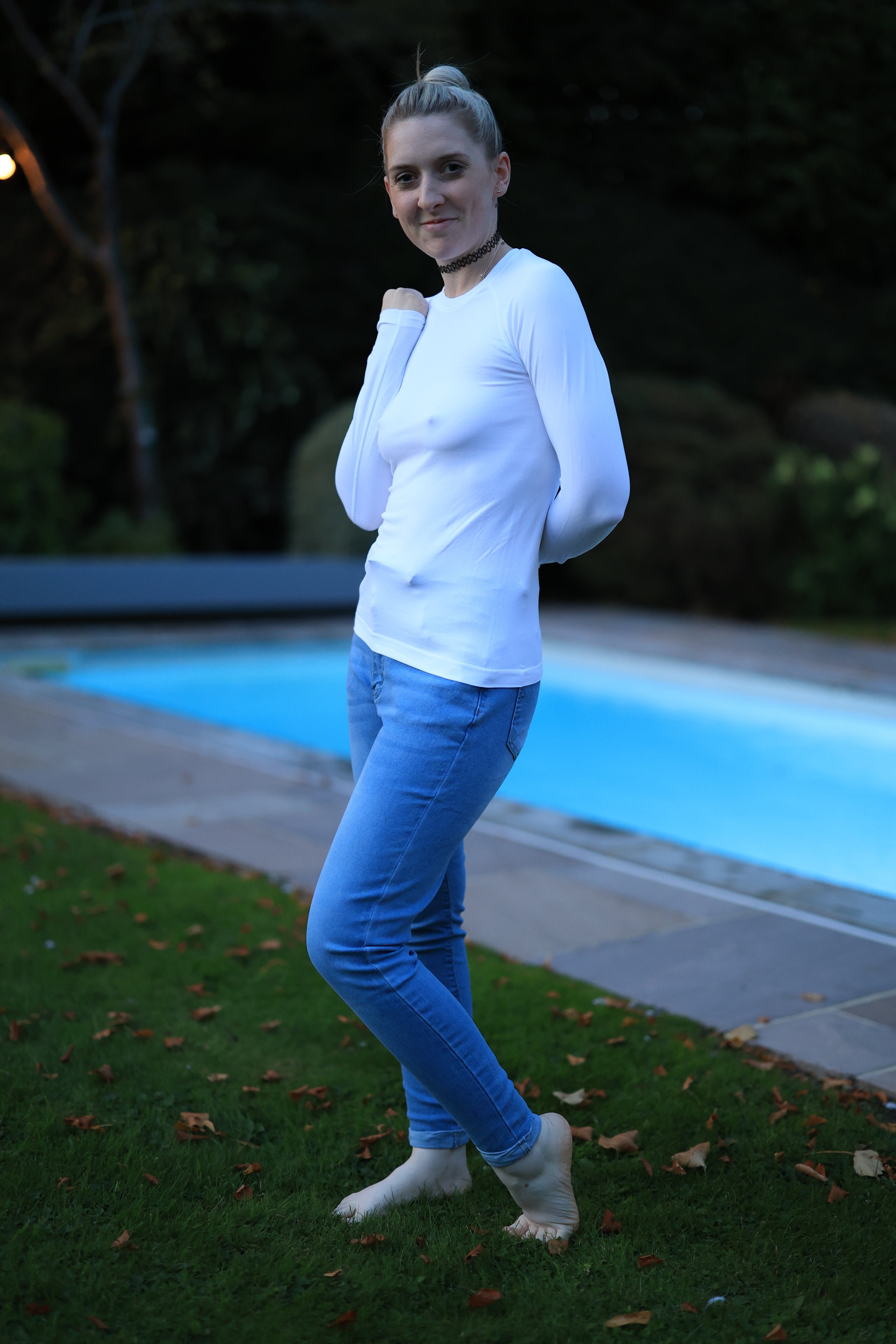 Long Sleeve White Shirt and Jeans In Pool and Hot Tub