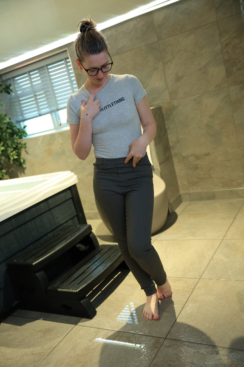 Trousers and Grey Bodysuit in Hottub and Shower