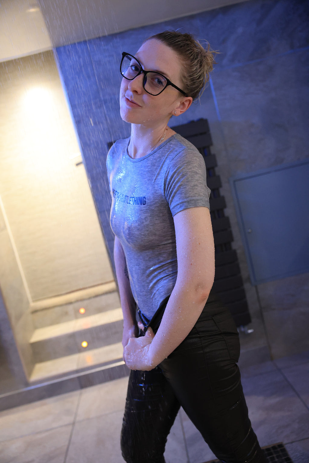 Trousers and Grey Bodysuit in Hottub and Shower