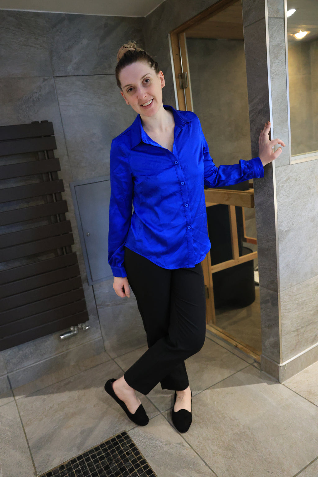 Blue Satin Shirt & Black Work Trousers In Shower and Hottub