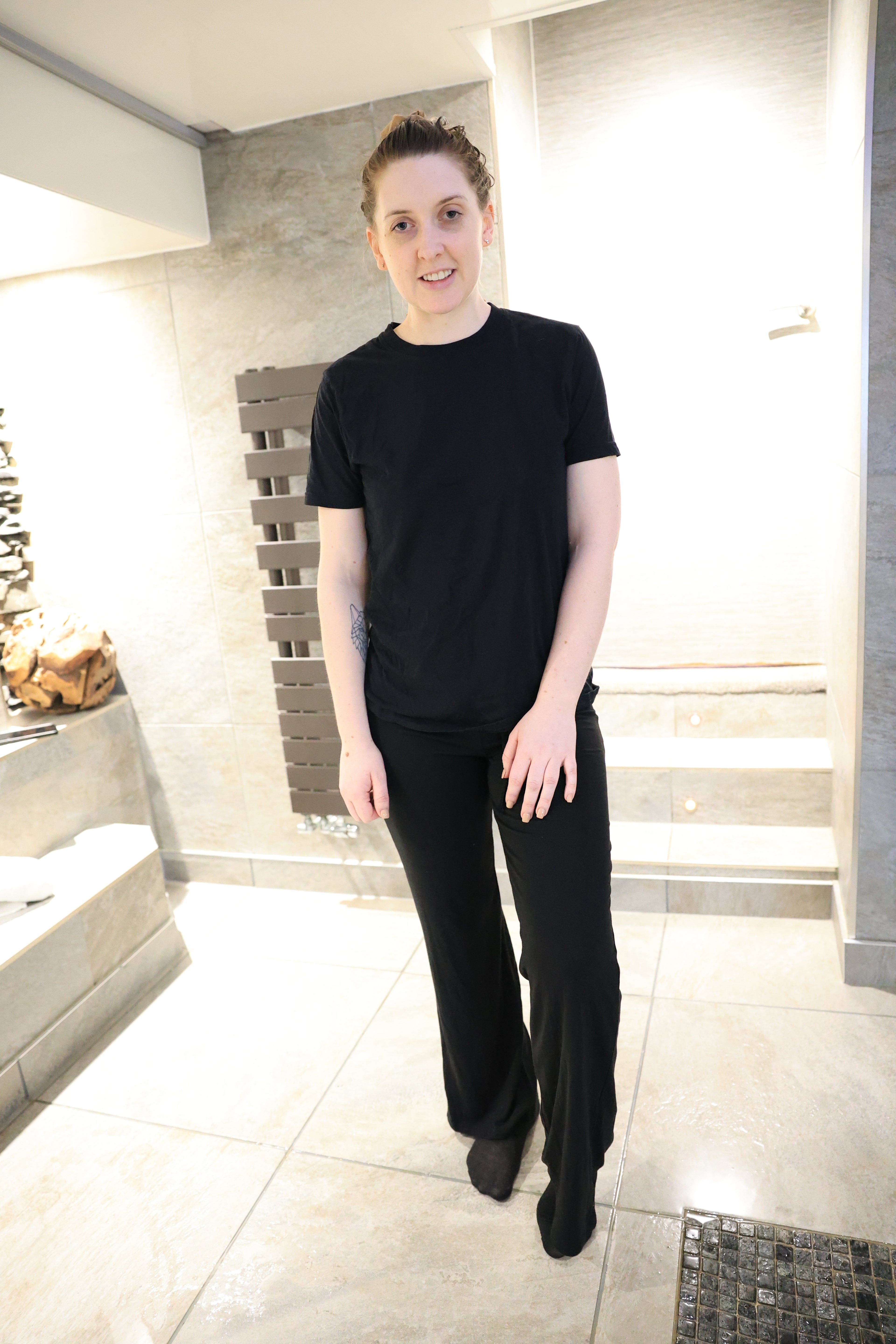 Black T-Shirt and Baggy Black Trousers & Socks in Shower & Hottub