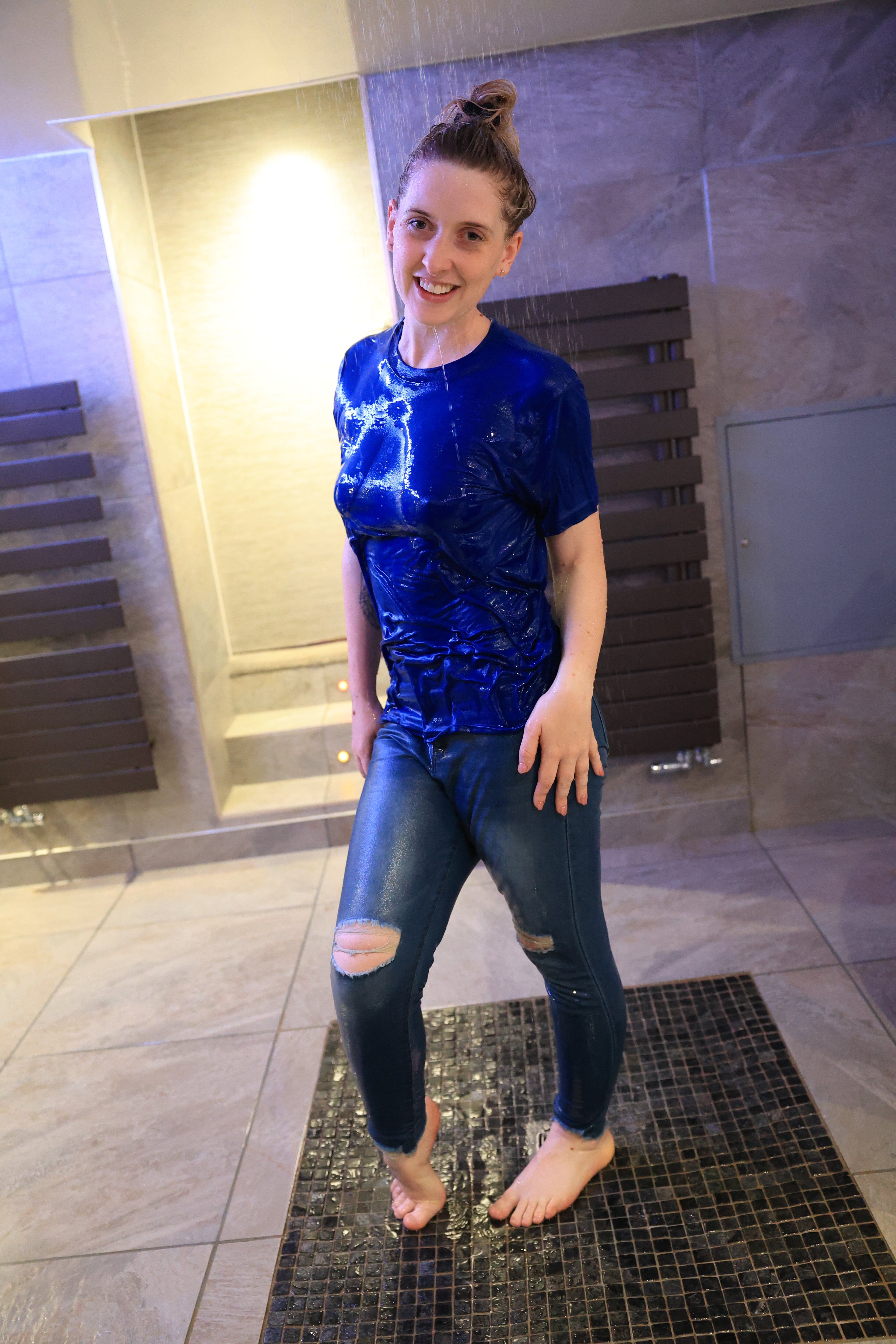 Blue T-Shirt & Jeans In Shower & Hottub