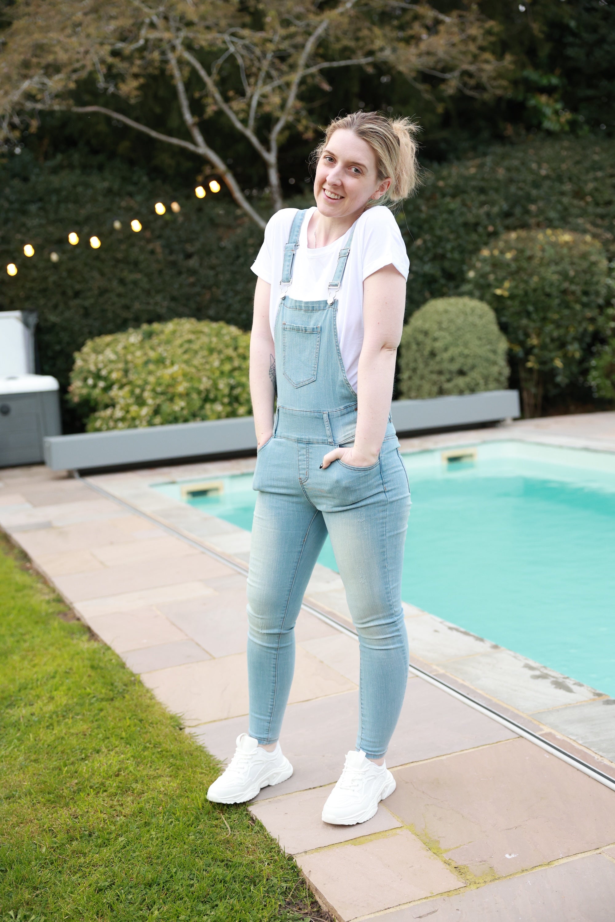 Denim Dungarees, White T-Shirt, Socks and Trainers In The Pool!