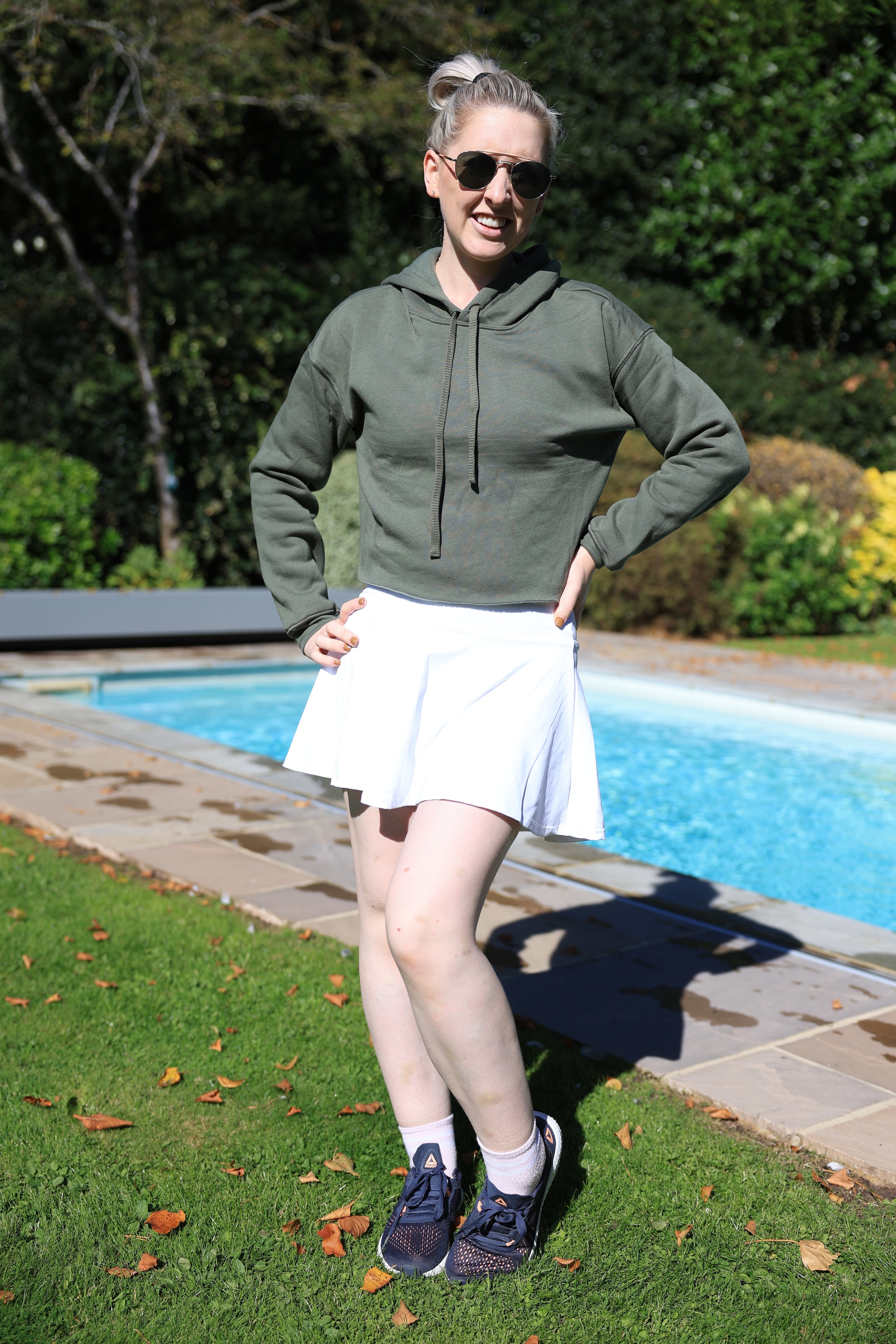 White Skirt, Hoodie and Tight White Top, Socks & Shoes