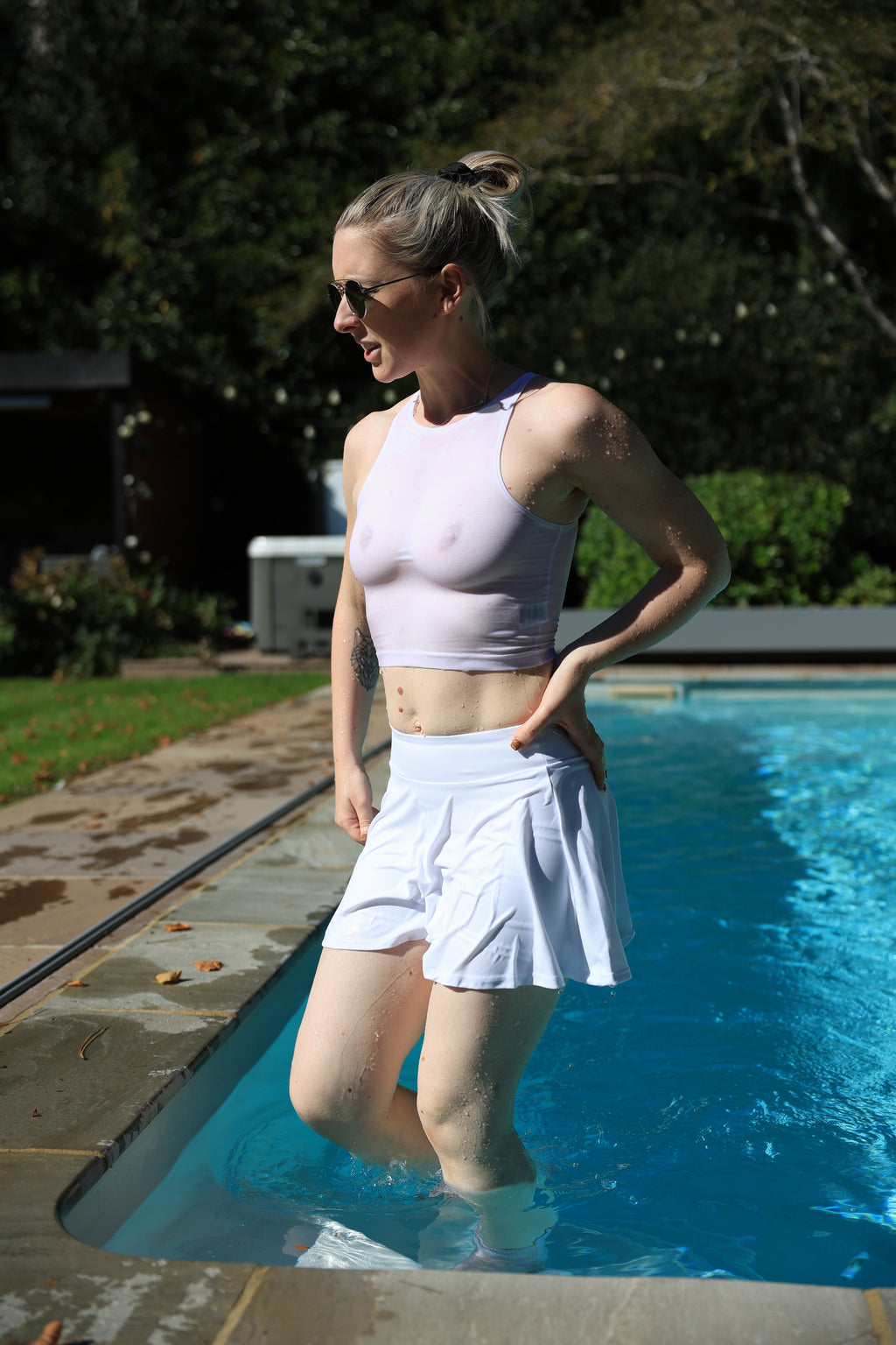 White Skirt, Hoodie and Tight White Top, Socks & Shoes