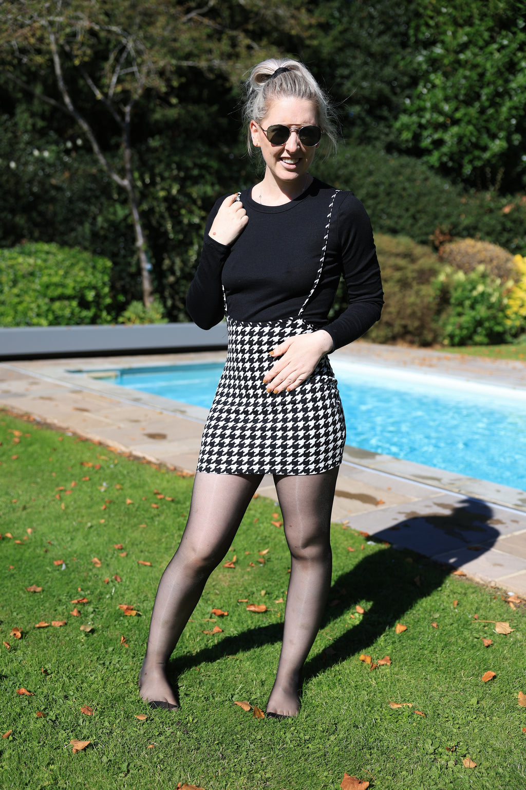 Black and White Skirt, Tights and Long Sleeve Black Shirt