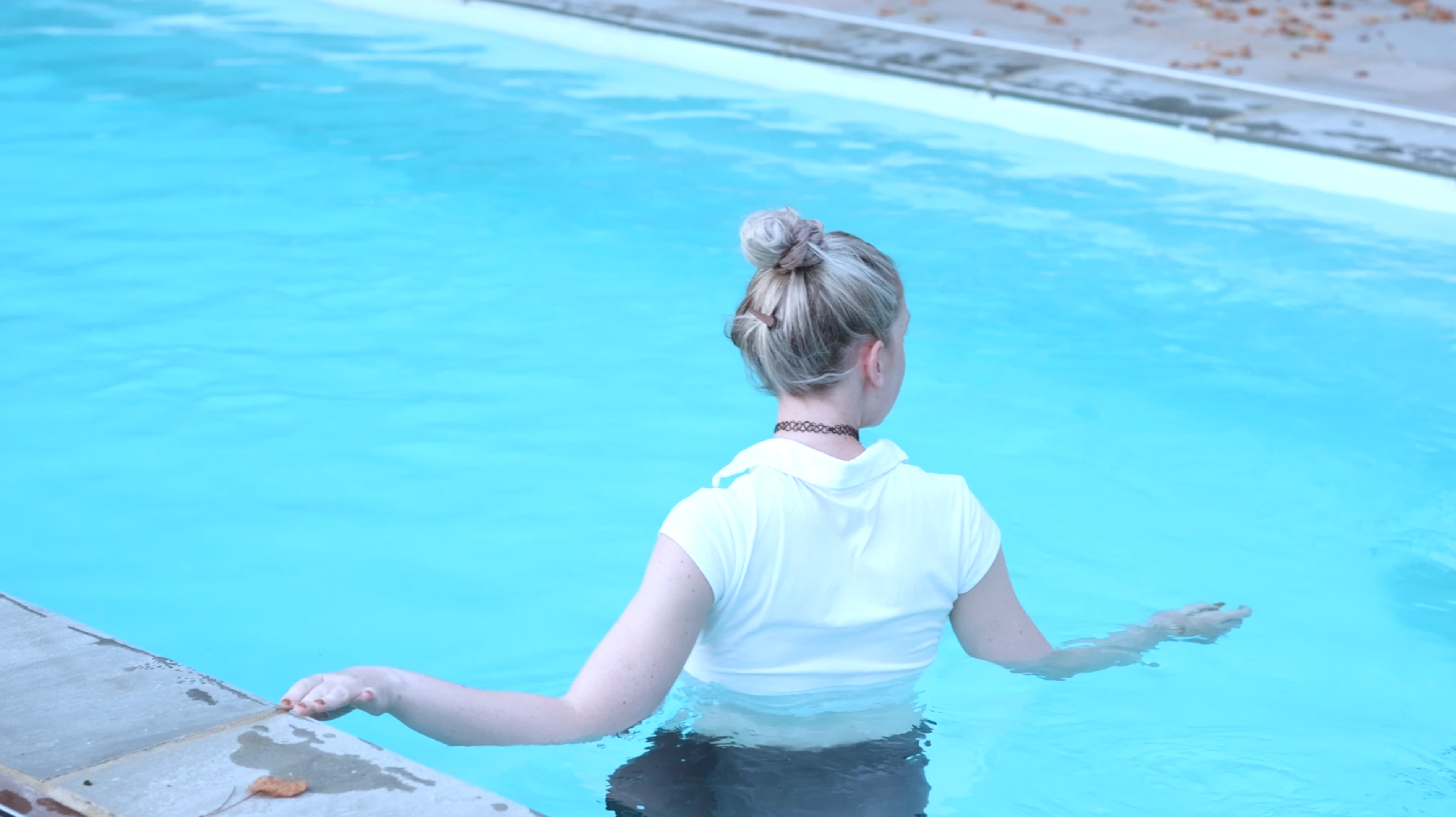 Mini Skirt, Tights & White Shirt In Pool & Hot Tub