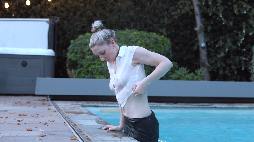 Mini Skirt, Tights & White Shirt In Pool & Hot Tub