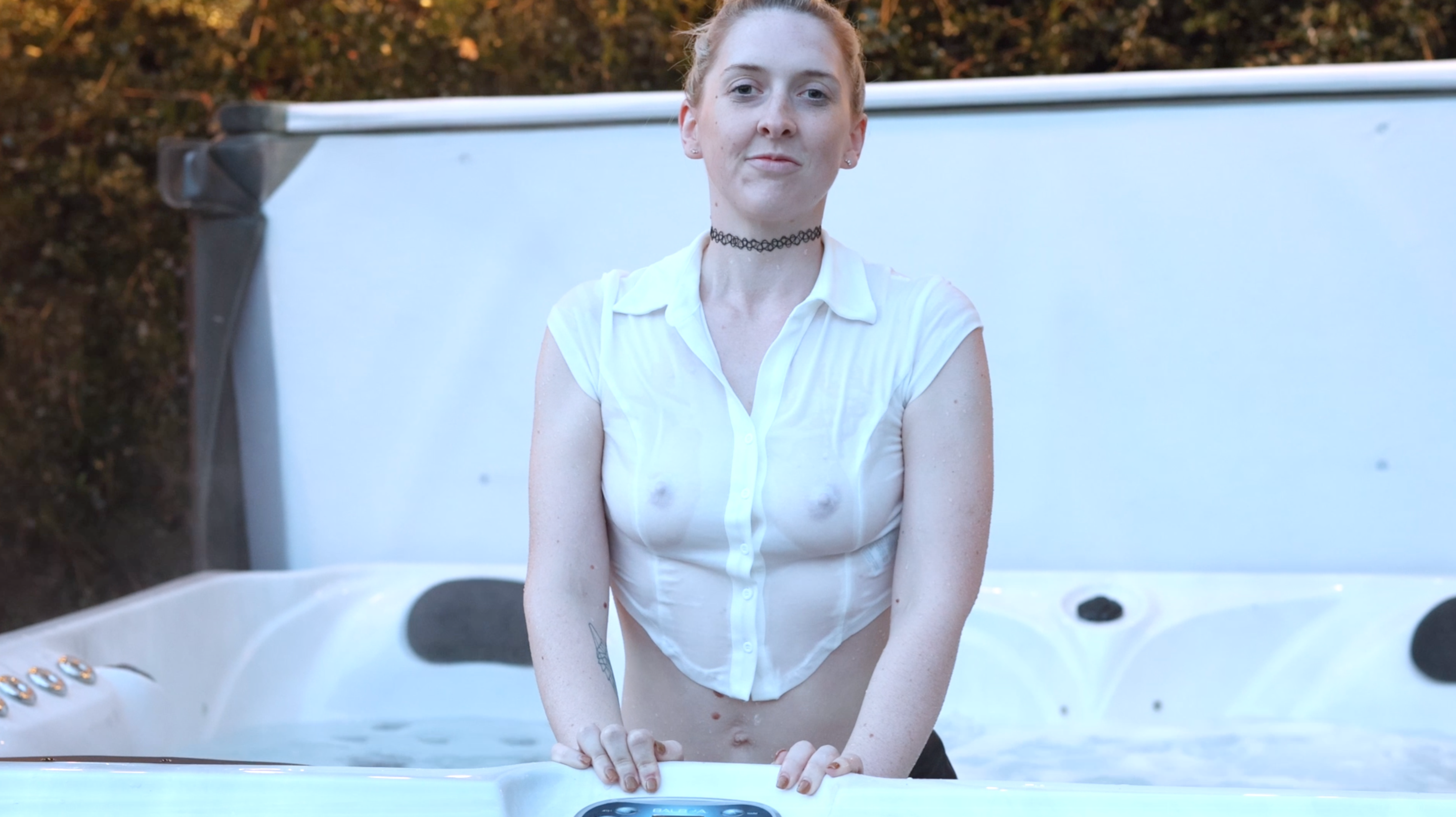 Mini Skirt, Tights & White Shirt In Pool & Hot Tub