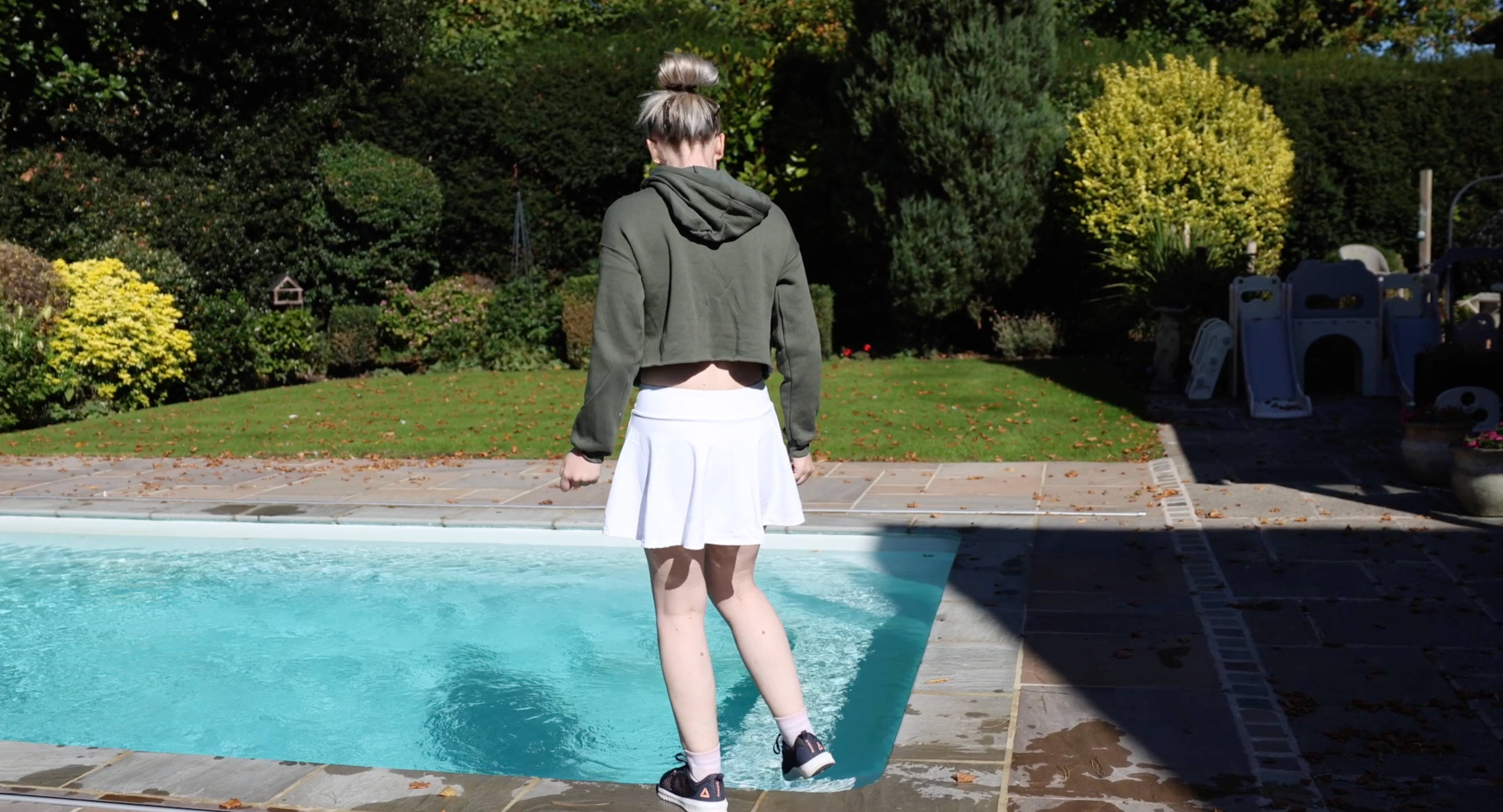 White Skirt, Hoodie and Tight White Top, Socks & Shoes