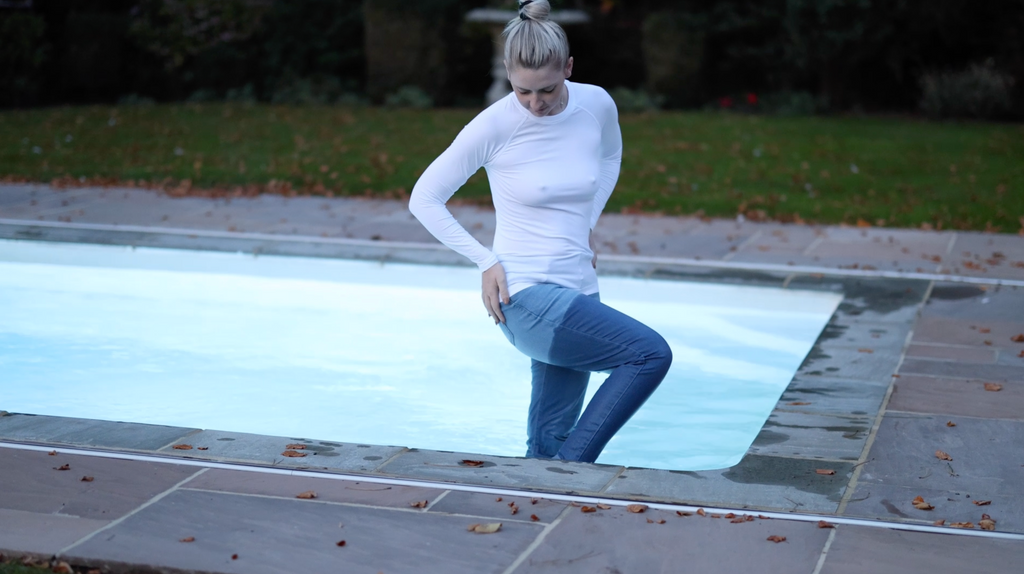 Long Sleeve White Shirt and Jeans In Pool and Hot Tub