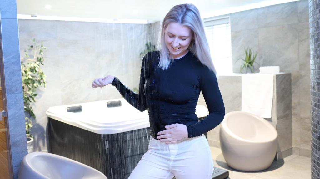 Wet Black Long Sleeve and White Trousers In The Shower!