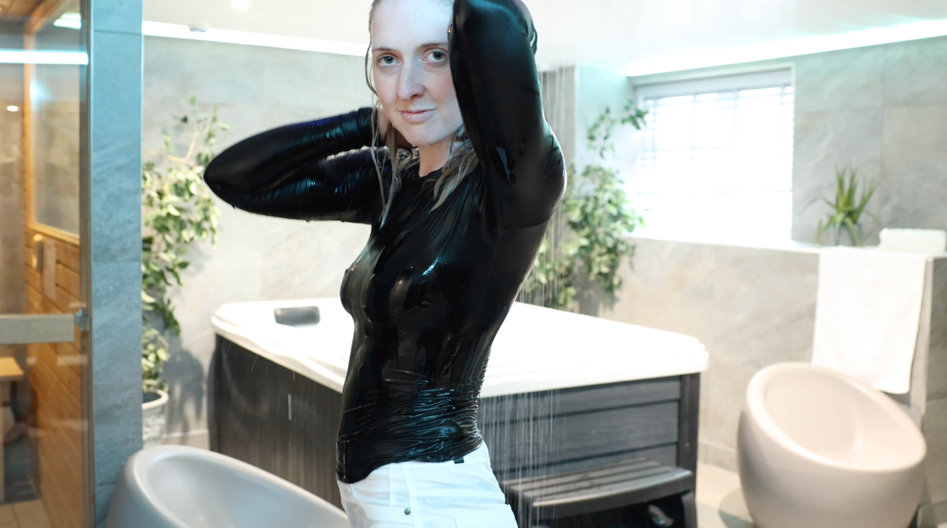 Wet Black Long Sleeve and White Trousers In The Shower!