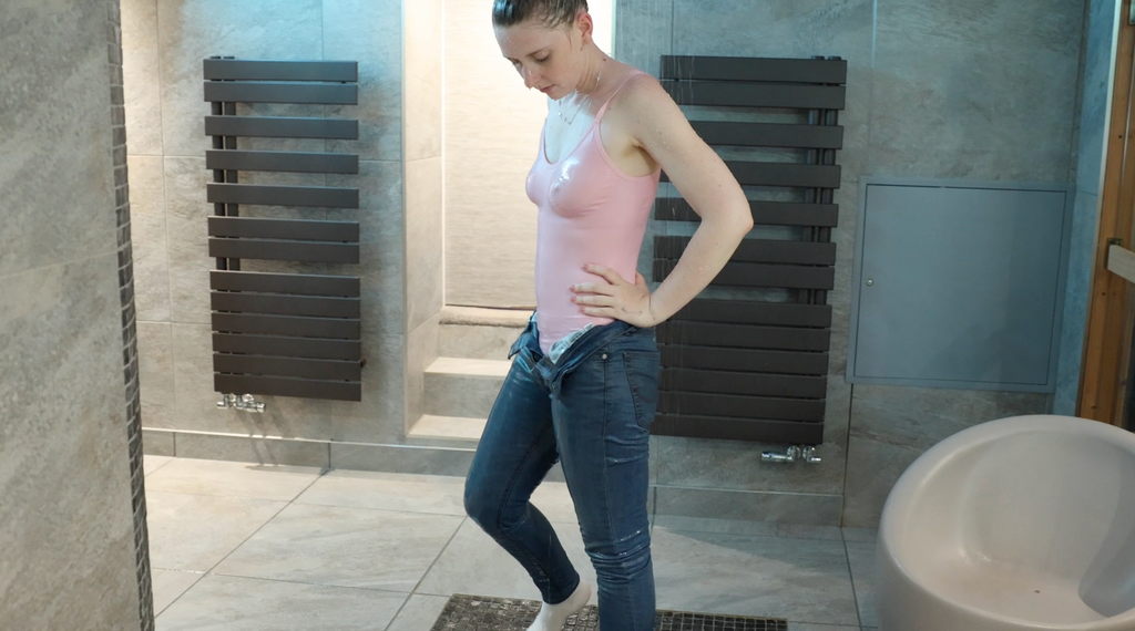 Bodysuit, Jeans and Socks in the Shower and Hot Tub