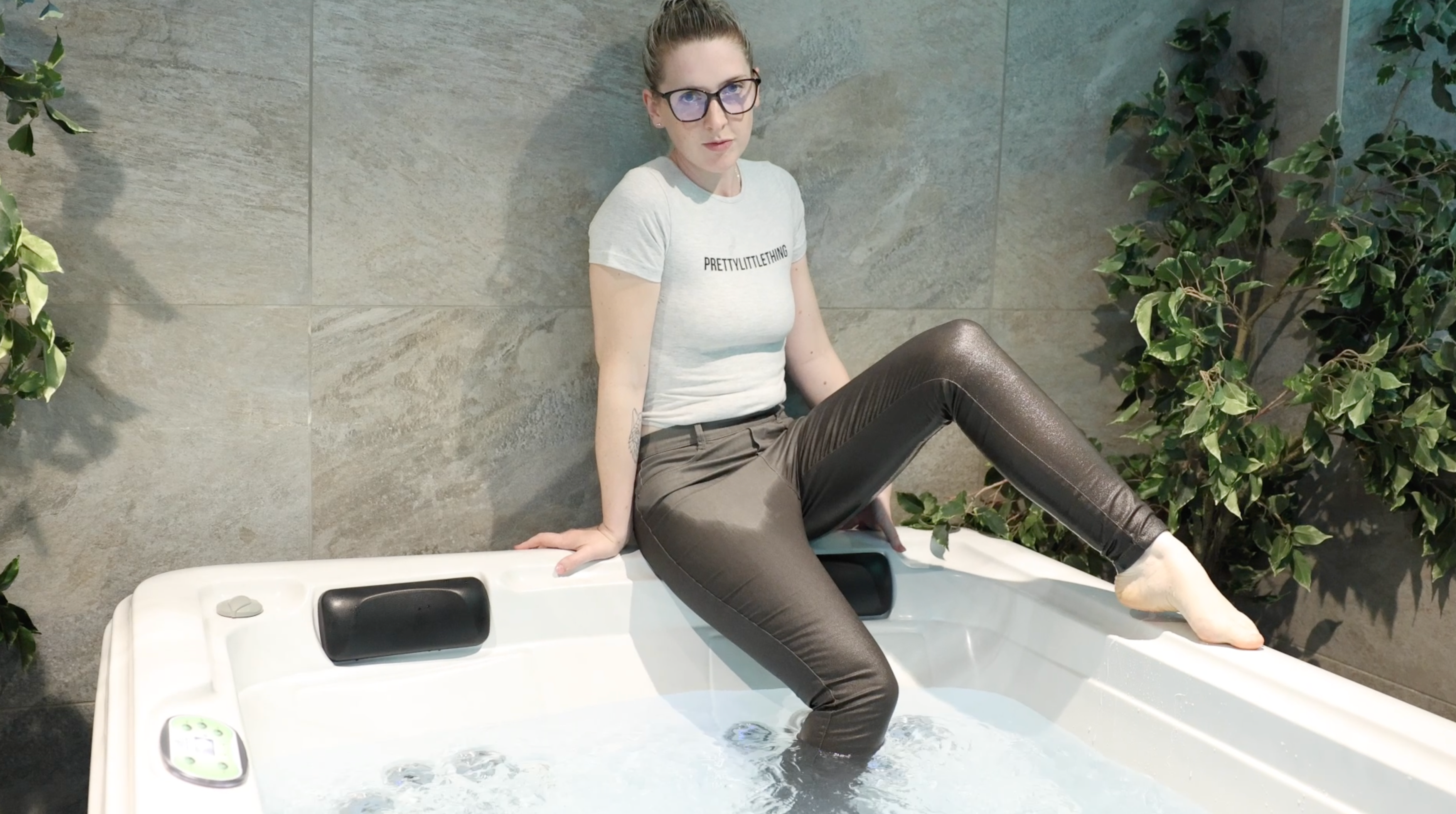 Trousers and Grey Bodysuit in Hottub and Shower