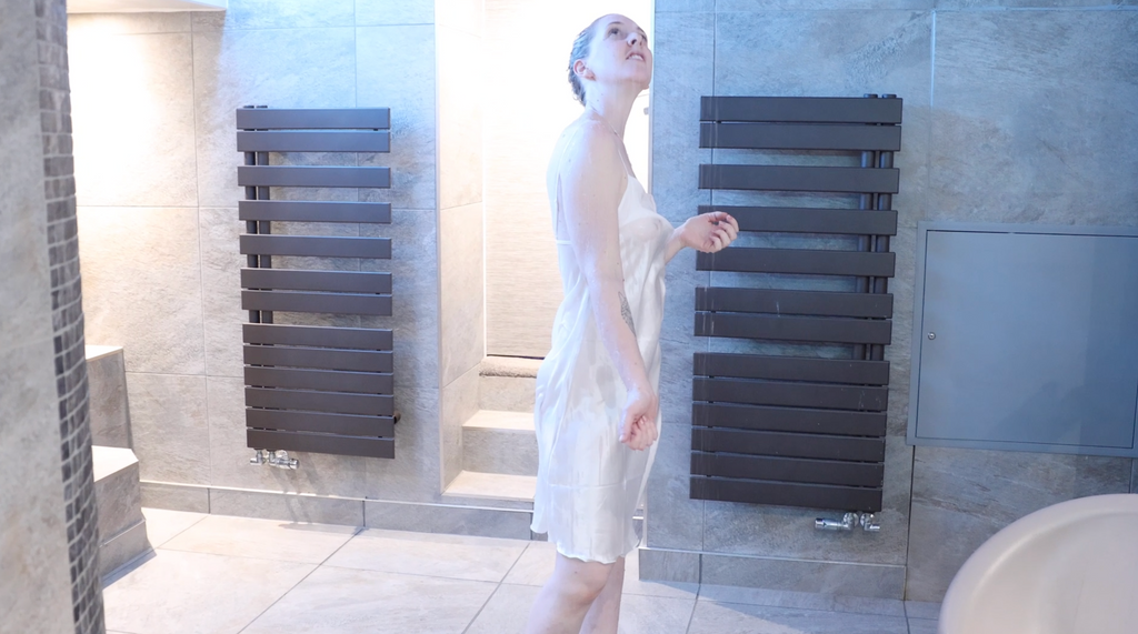 White Satin Pyjama Dress In Shower & Hottub