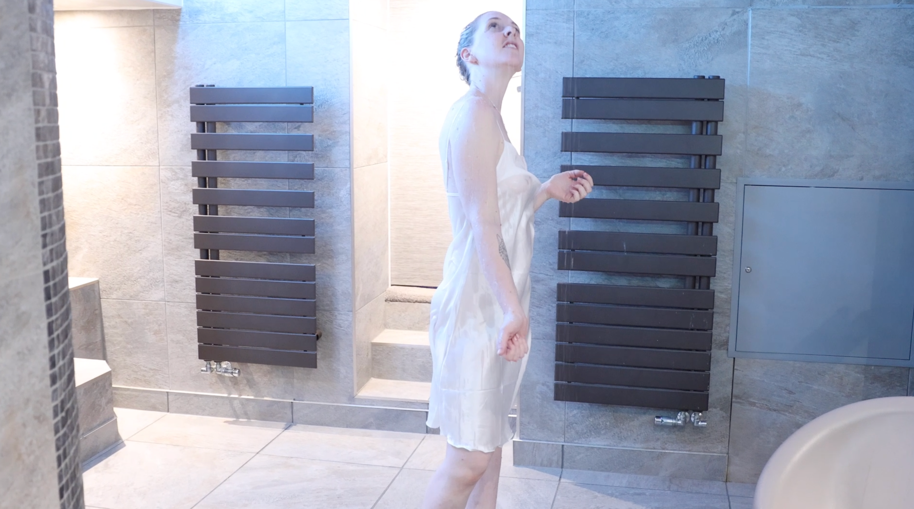 White Satin Pyjama Dress In Shower & Hottub