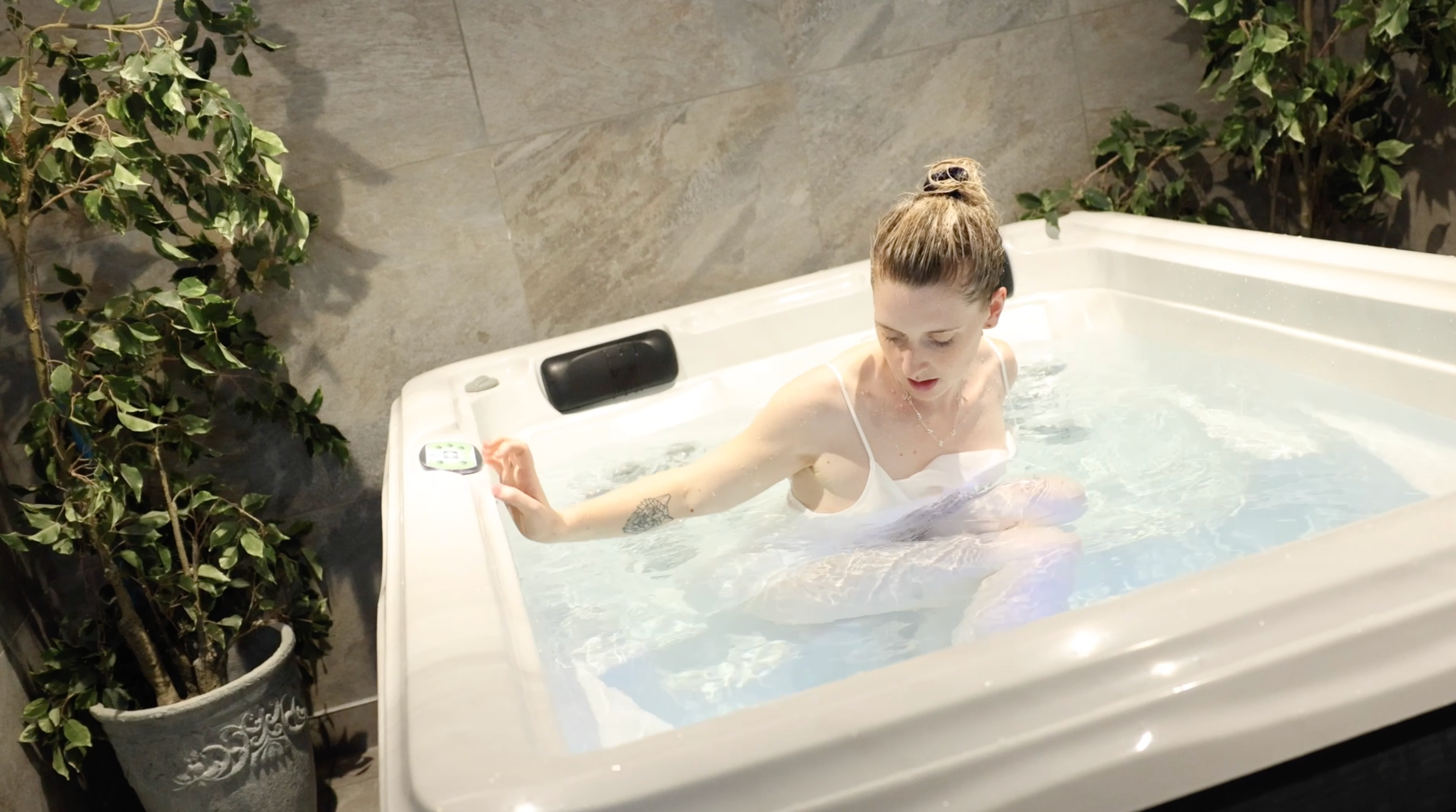 White Satin Pyjama Dress In Shower & Hottub