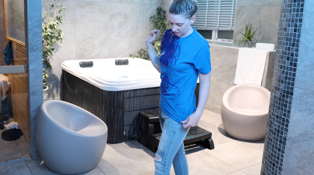 Blue T-Shirt & Jeans In Shower & Hottub