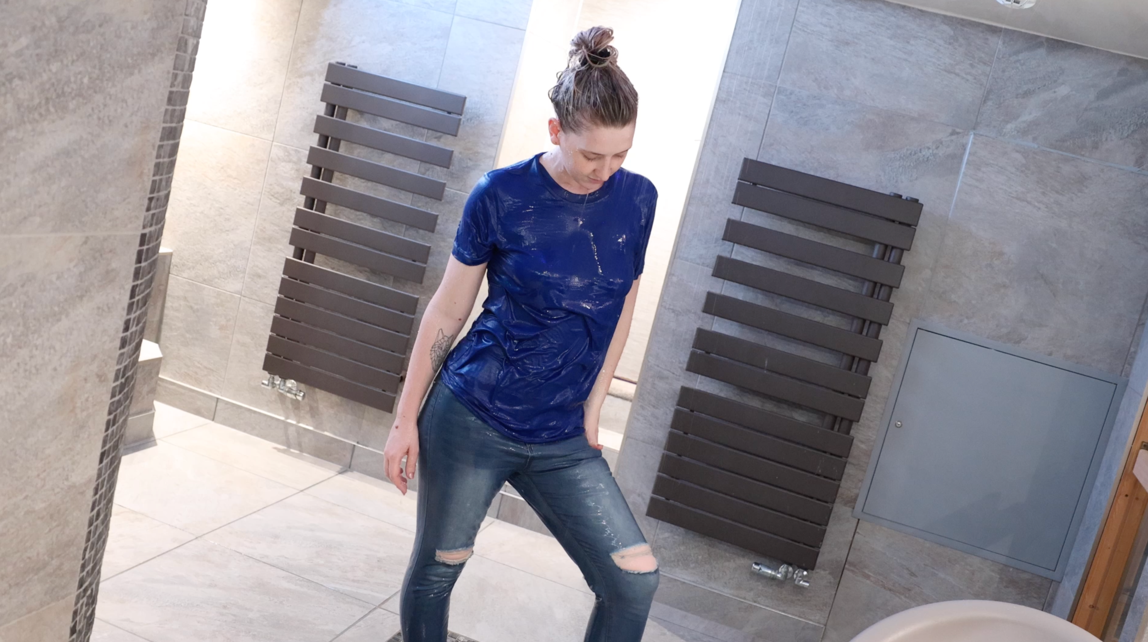 Blue T-Shirt & Jeans In Shower & Hottub