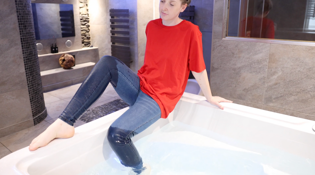 Bright Red T-Shirt and Jeans in Shower and Hot Tub