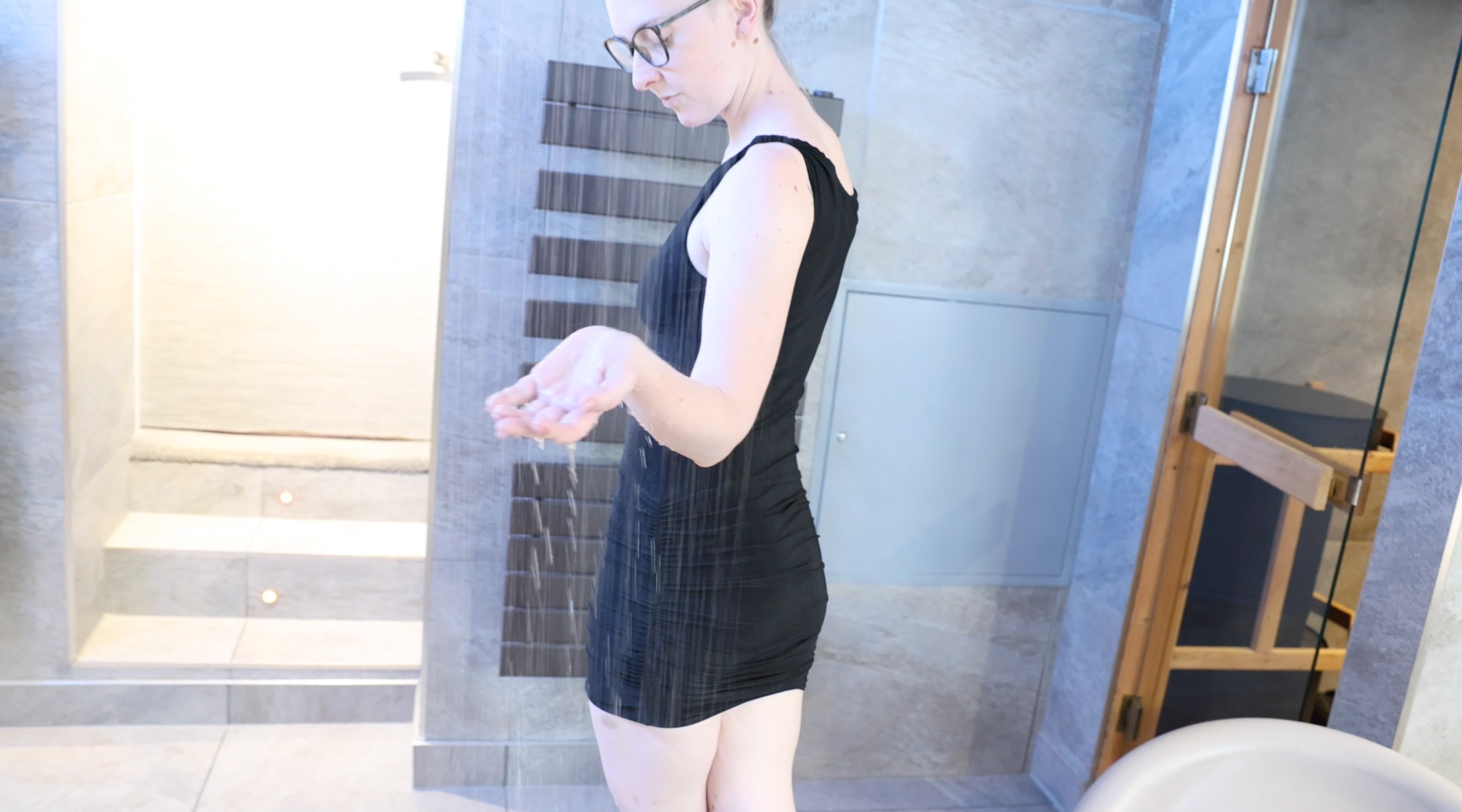 Tight Black Dress In Shower & Hottub