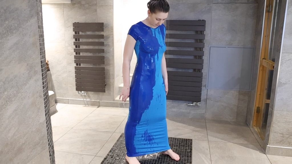 Long Blue Dress In The Shower & Hottub