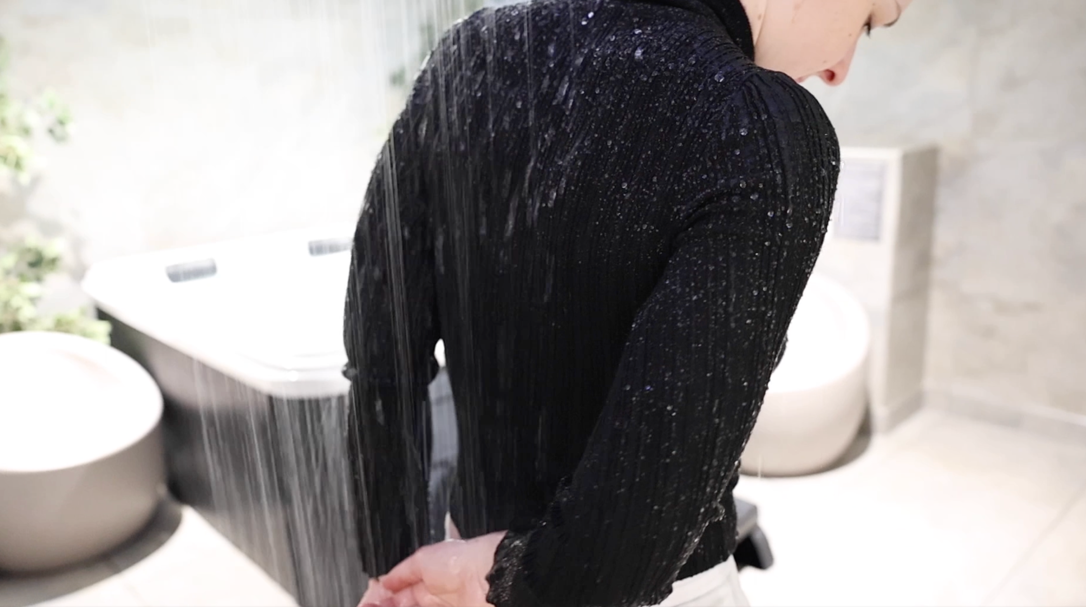 Black Turtle Neck Sweatshirt & White Trousers In the Shower & Hottub