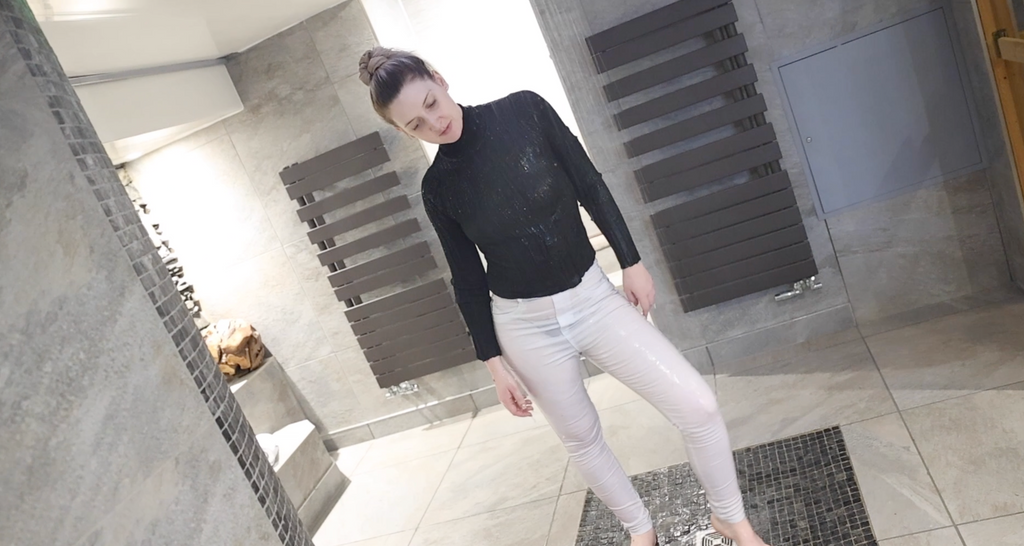 Black Turtle Neck Sweatshirt & White Trousers In the Shower & Hottub