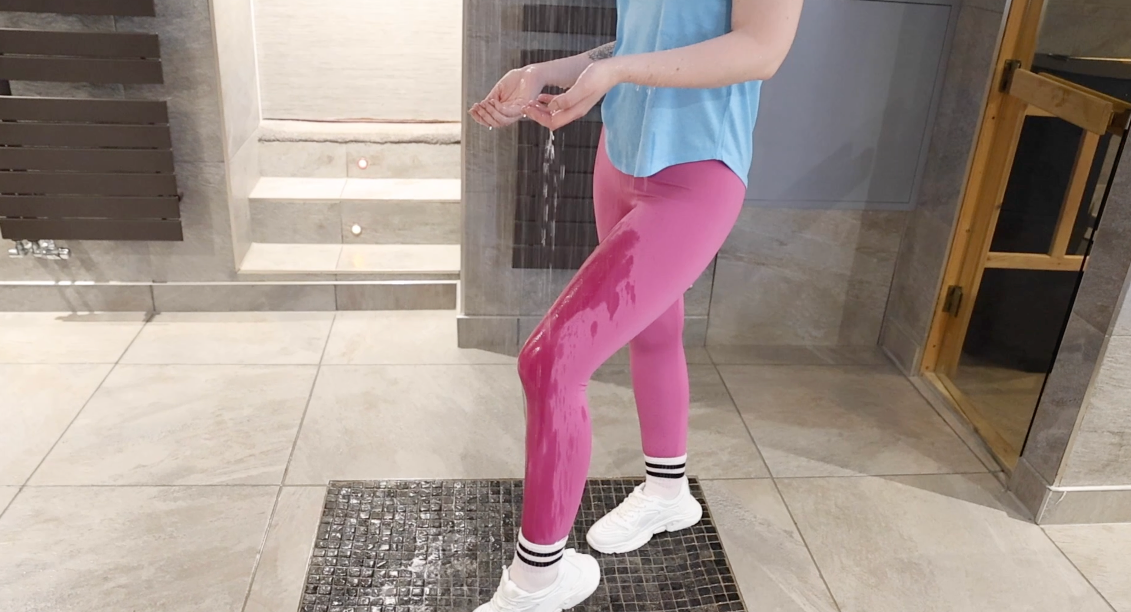 Pink Leggings, Blue Running Top, Socks and Trainers In The Shower & Hottub