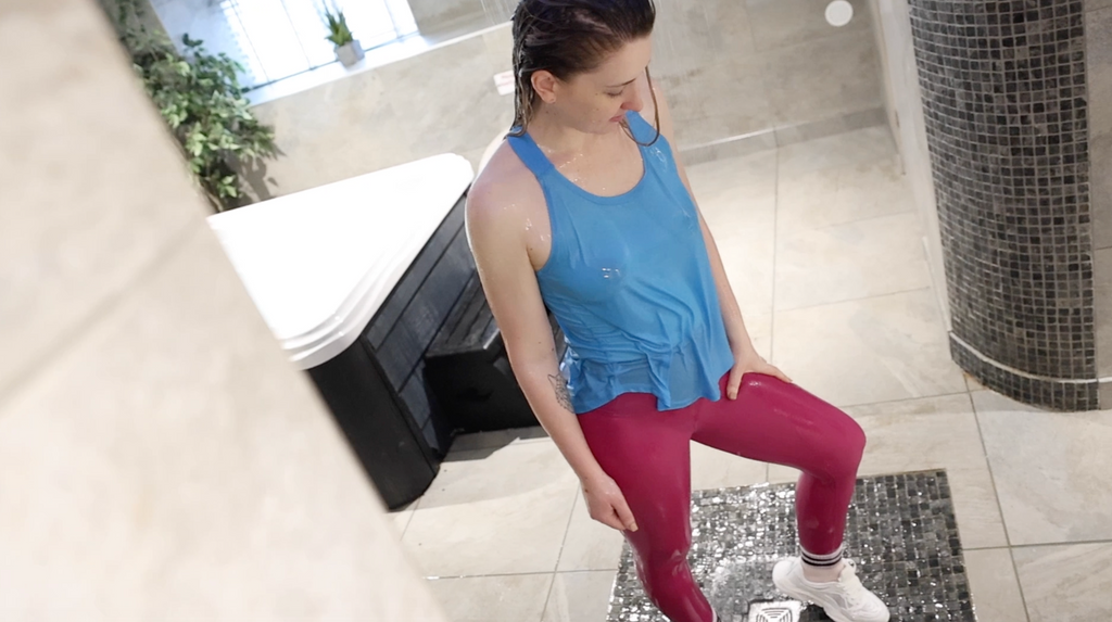 Pink Leggings, Blue Running Top, Socks and Trainers In The Shower & Hottub
