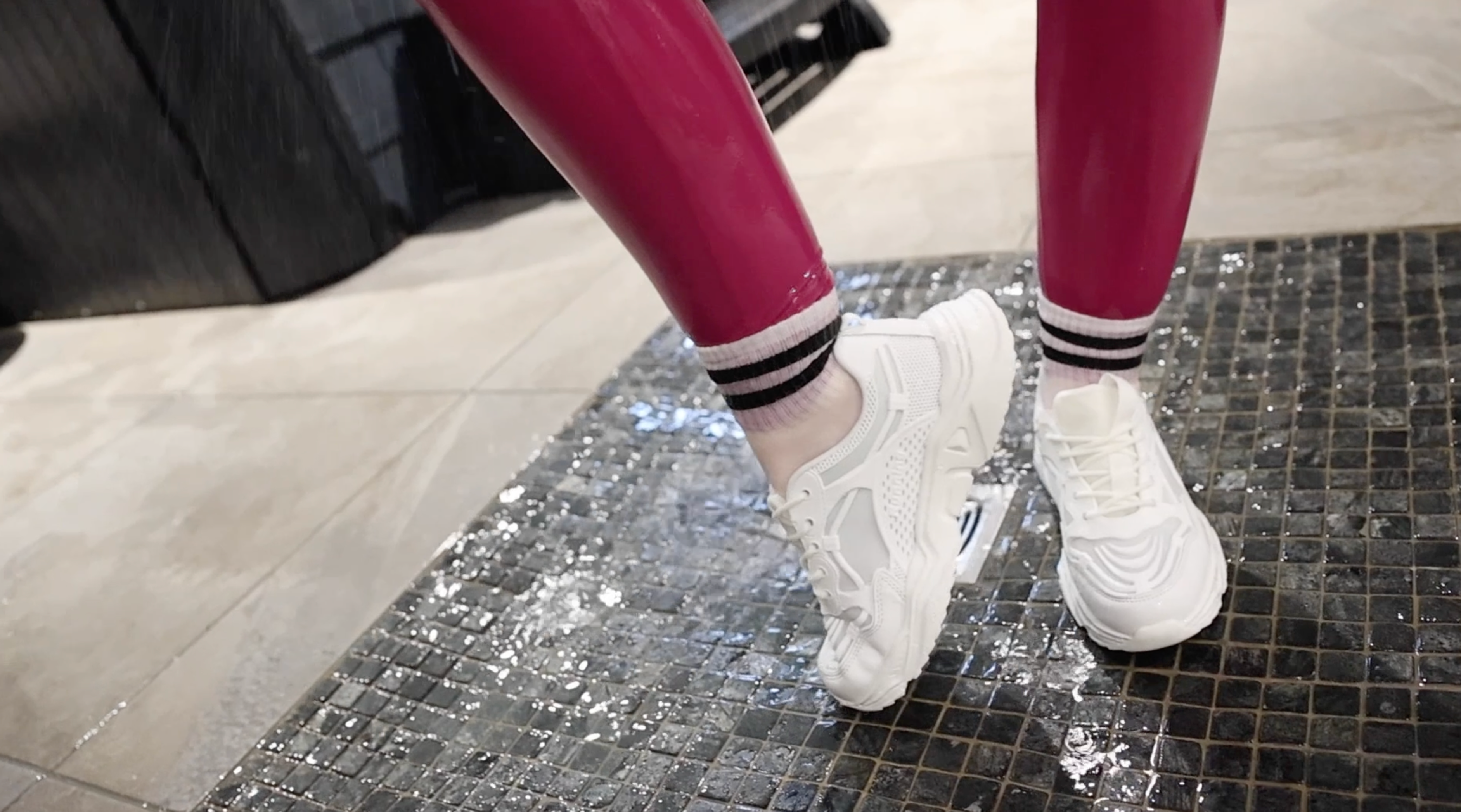 Pink Leggings, Blue Running Top, Socks and Trainers In The Shower & Hottub