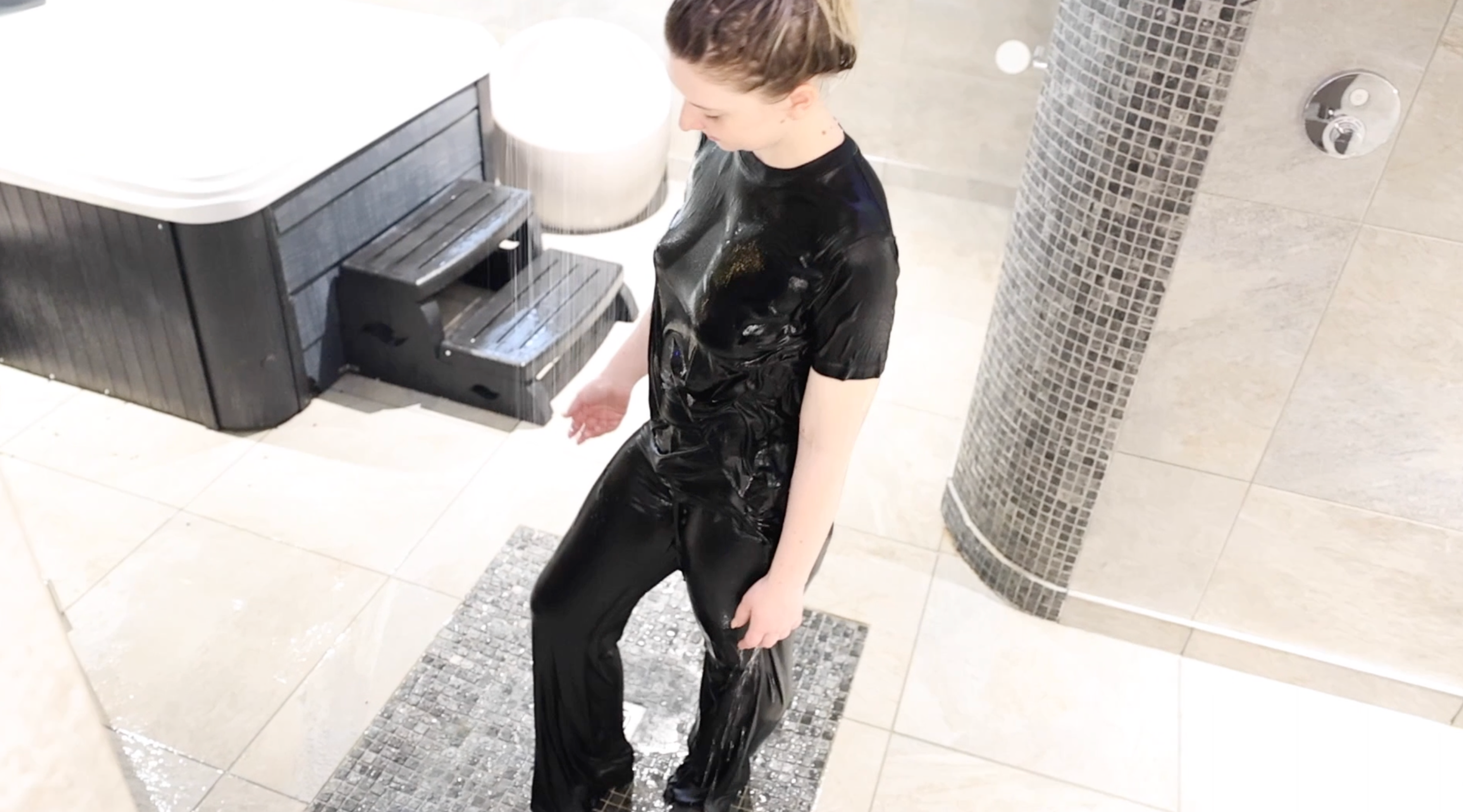 Black T-Shirt and Baggy Black Trousers & Socks in Shower & Hottub