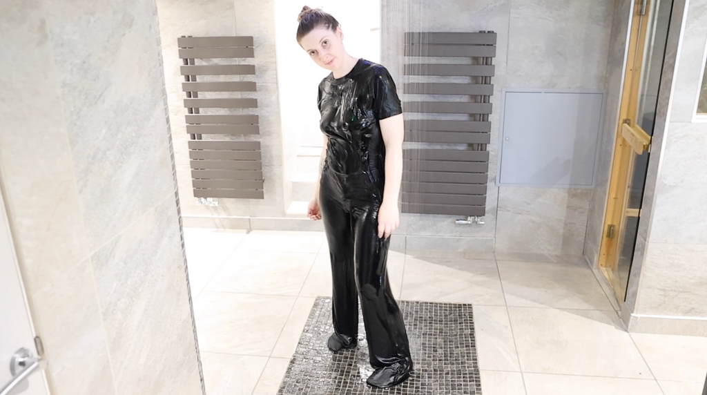 Black T-Shirt and Baggy Black Trousers & Socks in Shower & Hottub