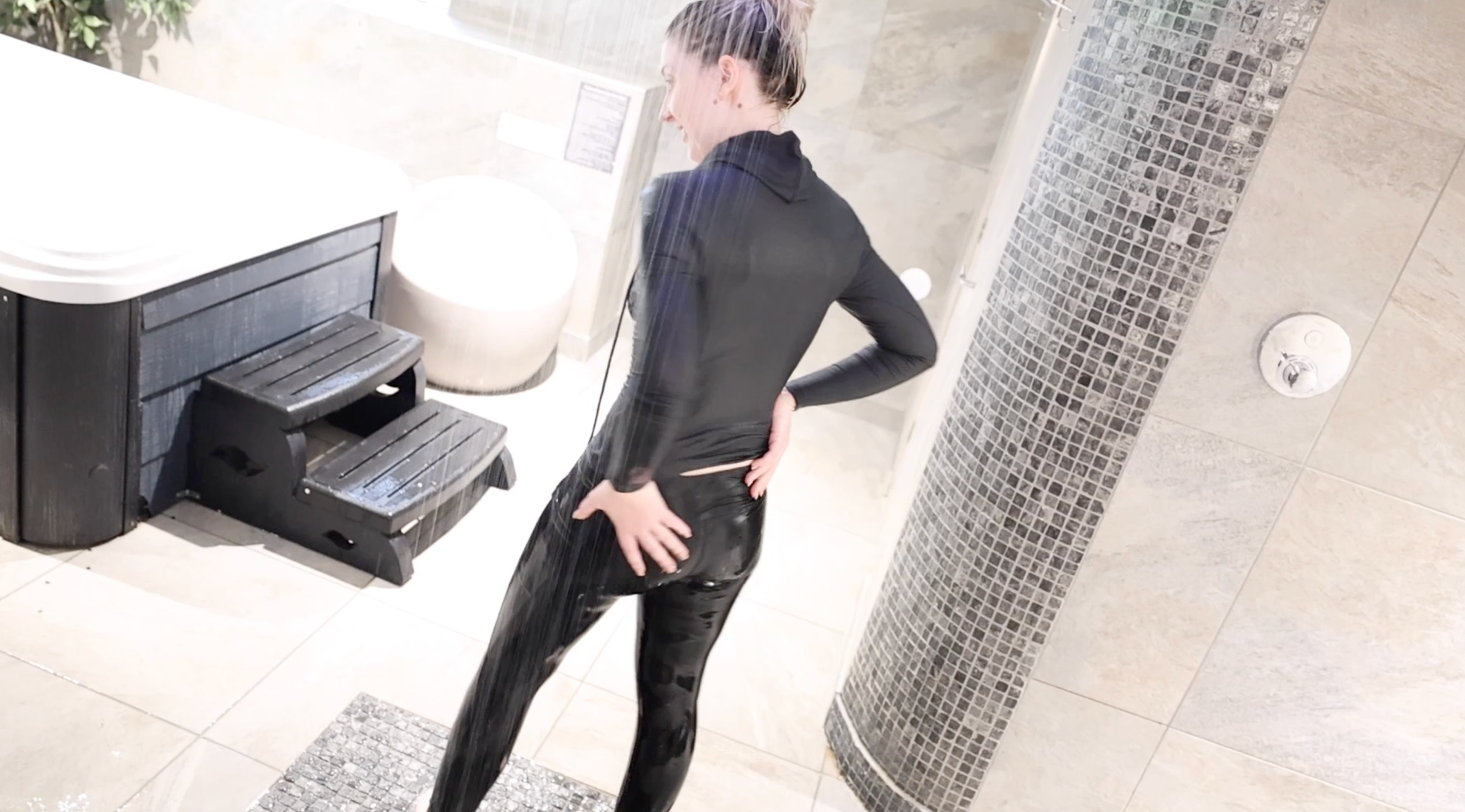 Black Shiny Leggings & Grey Tight Hoodie In Shower & Hottub