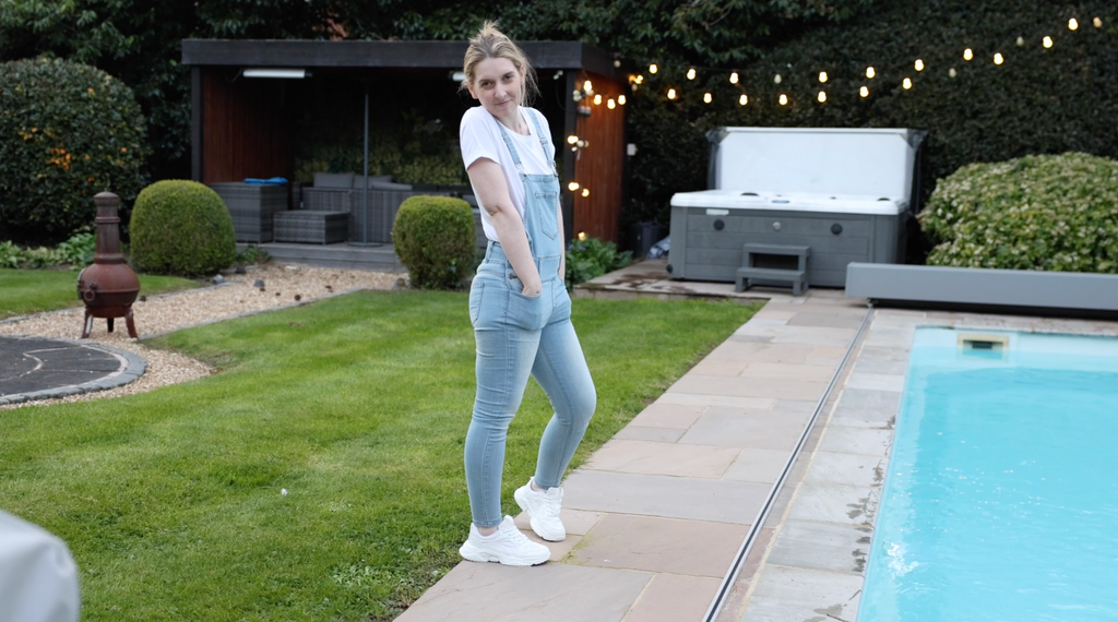 Denim Dungarees, White T-Shirt, Socks and Trainers In The Pool!