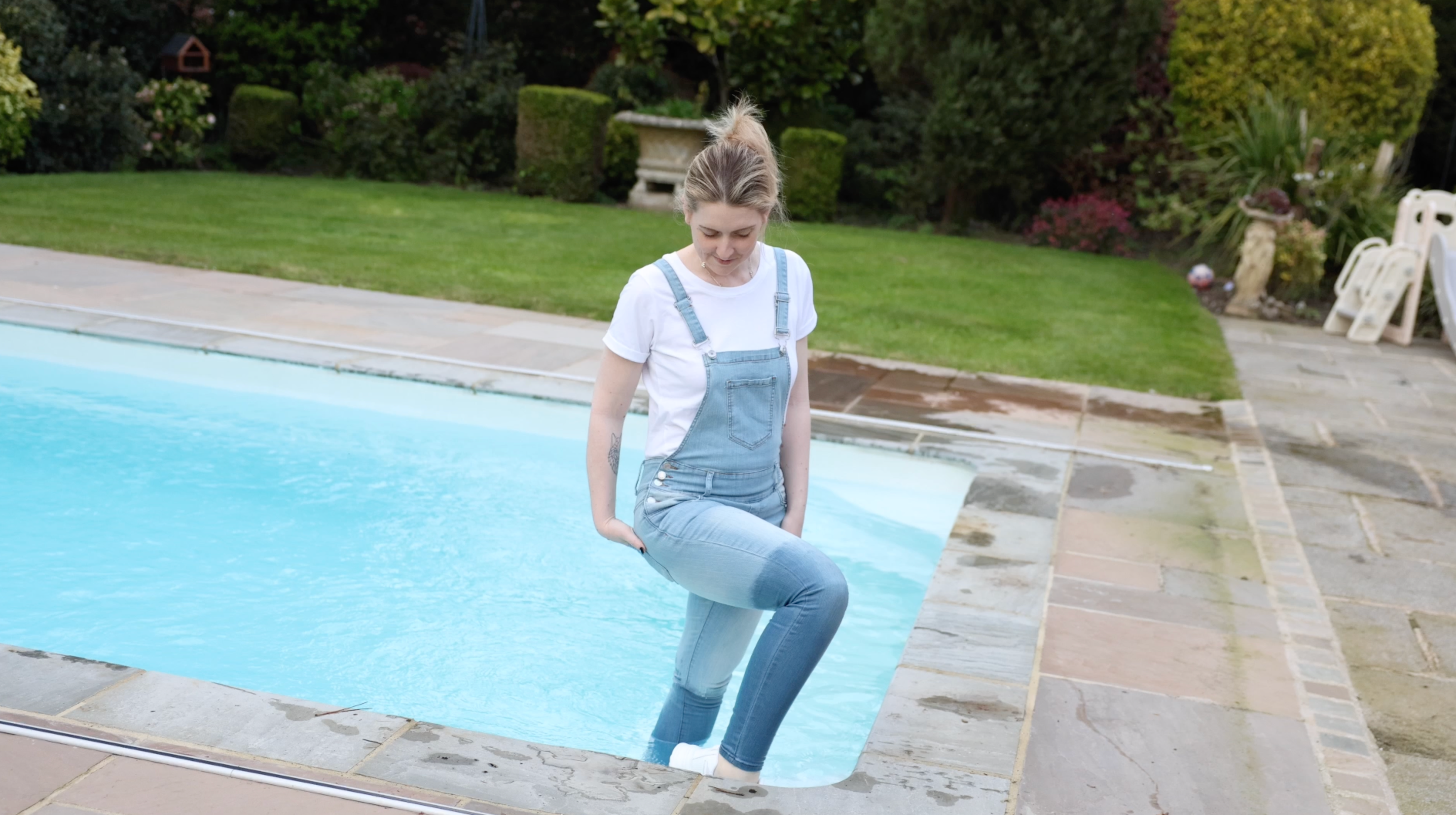 Denim Dungarees, White T-Shirt, Socks and Trainers In The Pool!