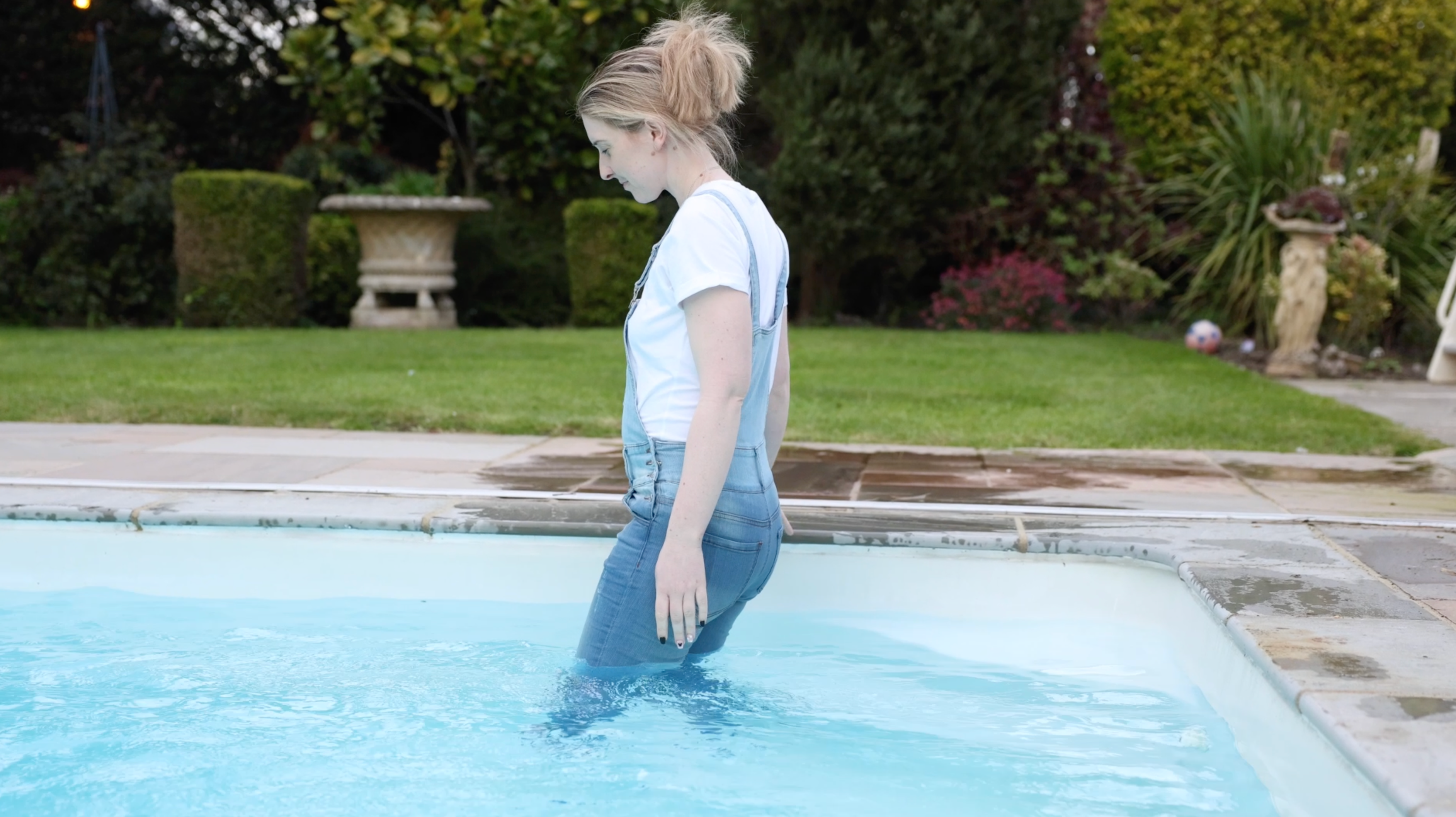Denim Dungarees, White T-Shirt, Socks and Trainers In The Pool!