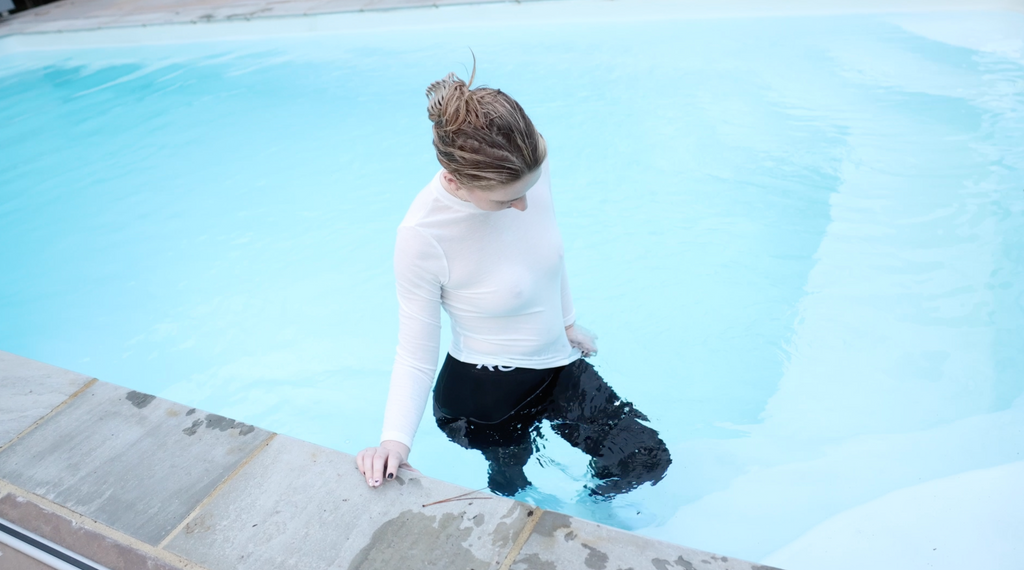 White Long Sleeve Shirt, Nike Pro Leggings & Socks  In The Pool