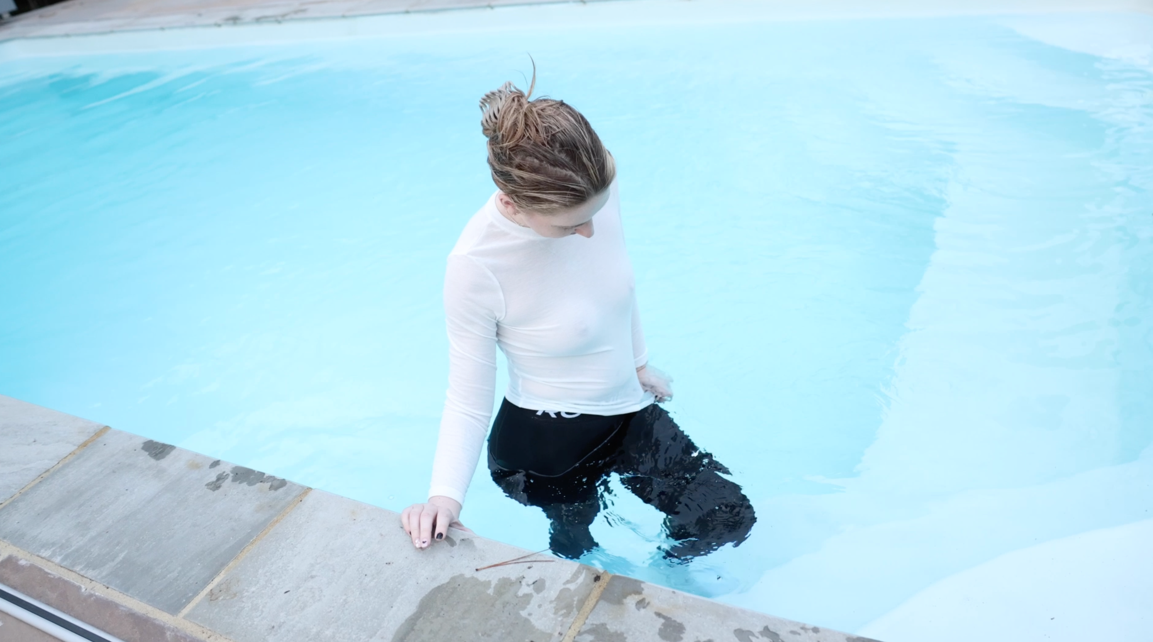 White Long Sleeve Shirt, Nike Pro Leggings & Socks  In The Pool