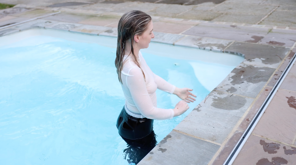 White Long Sleeve Shirt, Nike Pro Leggings & Socks  In The Pool