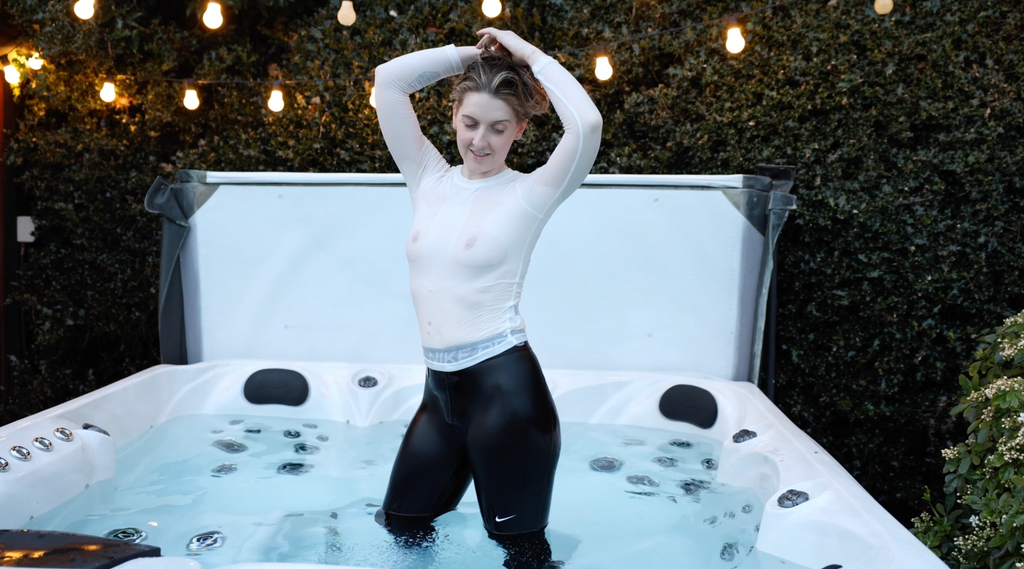 White Long Sleeve Shirt, Nike Pro Leggings & Socks  In The Pool