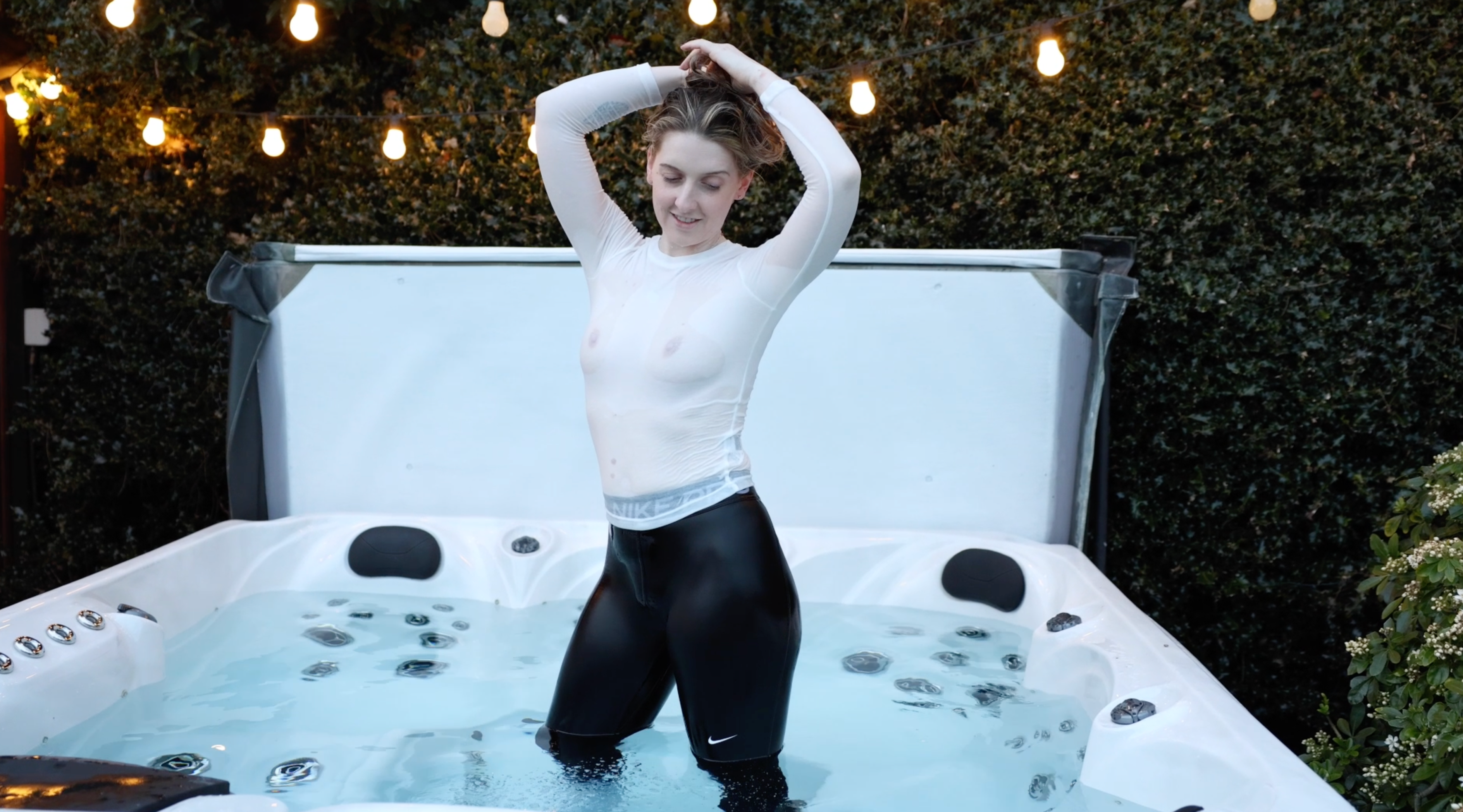 White Long Sleeve Shirt, Nike Pro Leggings & Socks  In The Pool