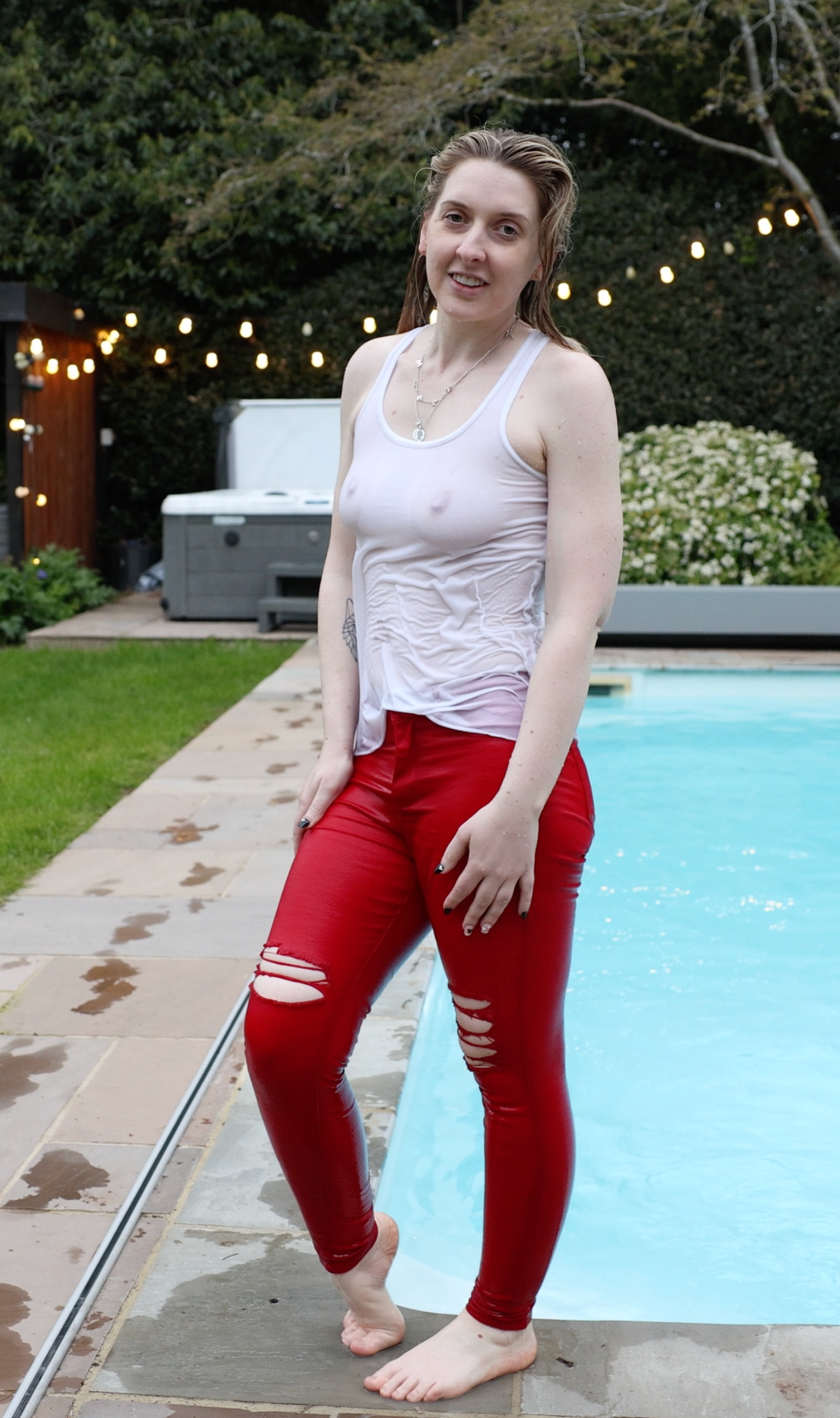 Red jeans and White Tank Top In Pool & Hottub
