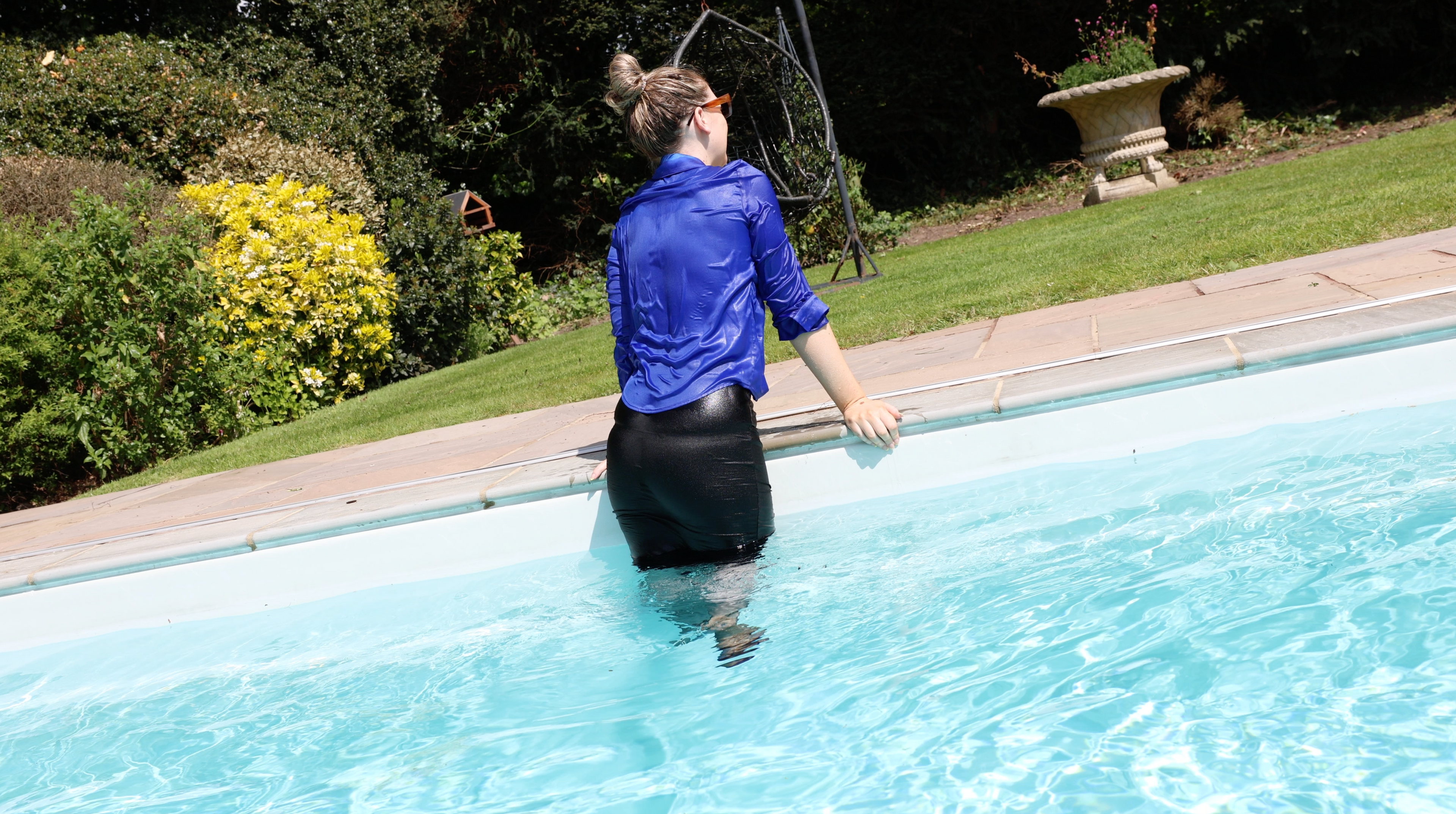 Satin Shirt, Skirt & Jacket In The Pool & Underwater