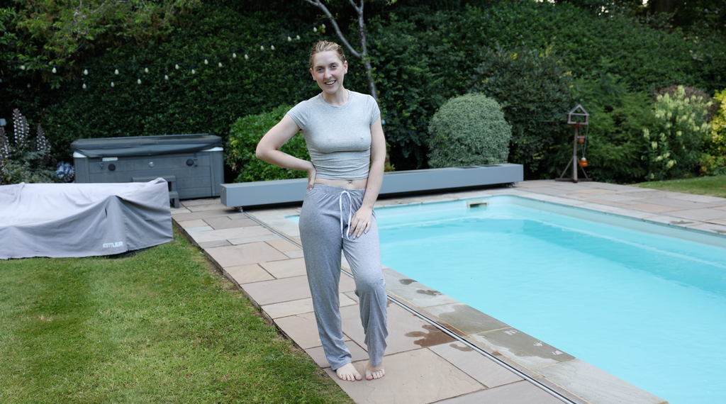 Grey T-Shirt & Grey Joggers In The Pool