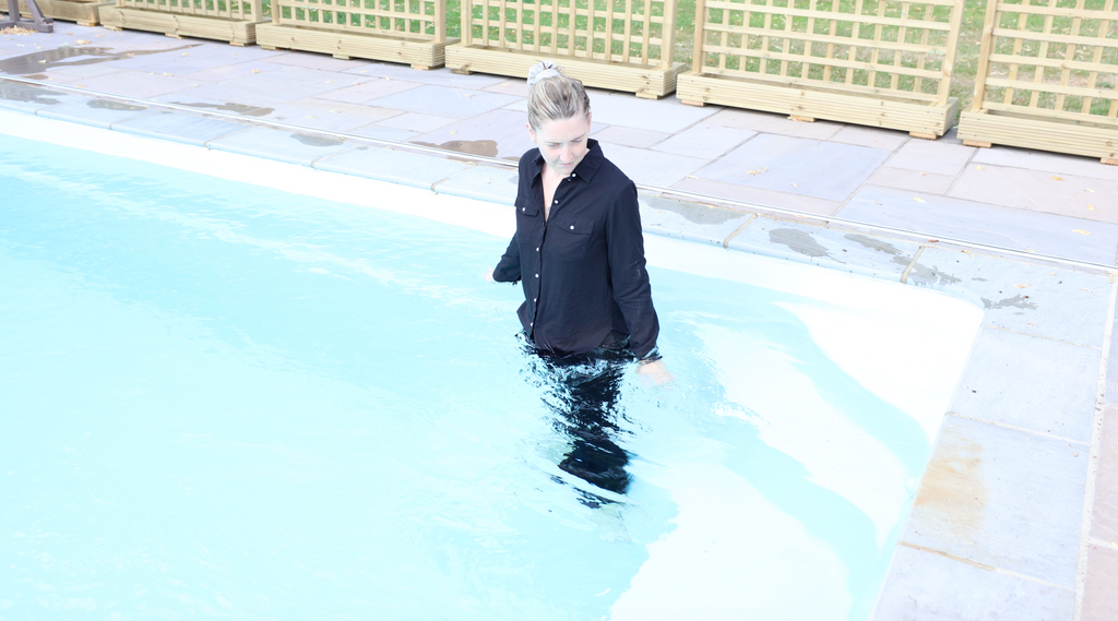 Black Shirt & Black Trousers In Pool & Hottub