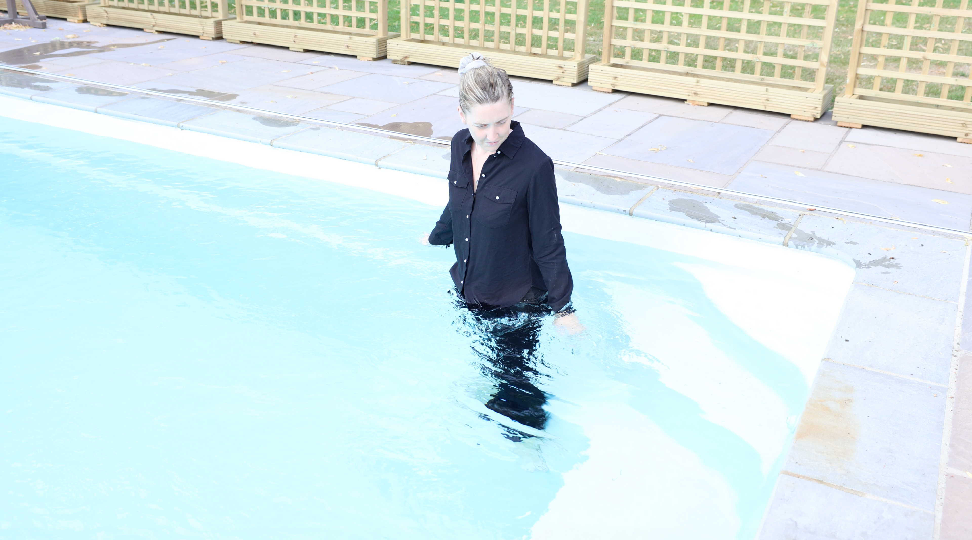 Black Shirt & Black Trousers In Pool & Hottub