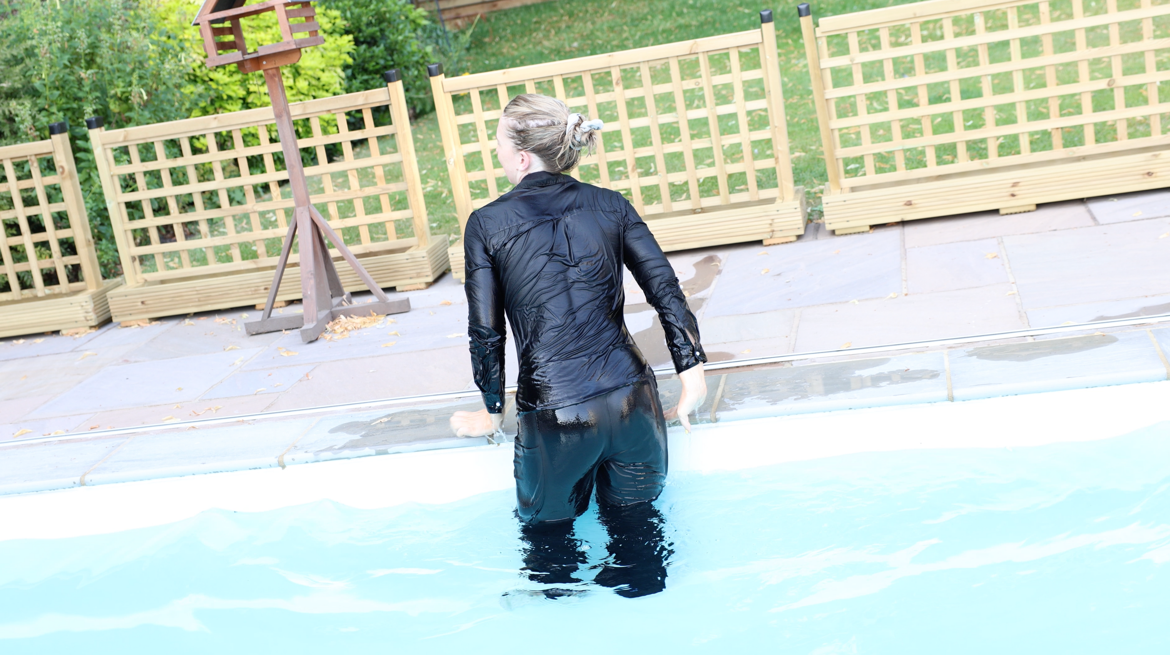 Black Shirt & Black Trousers In Pool & Hottub